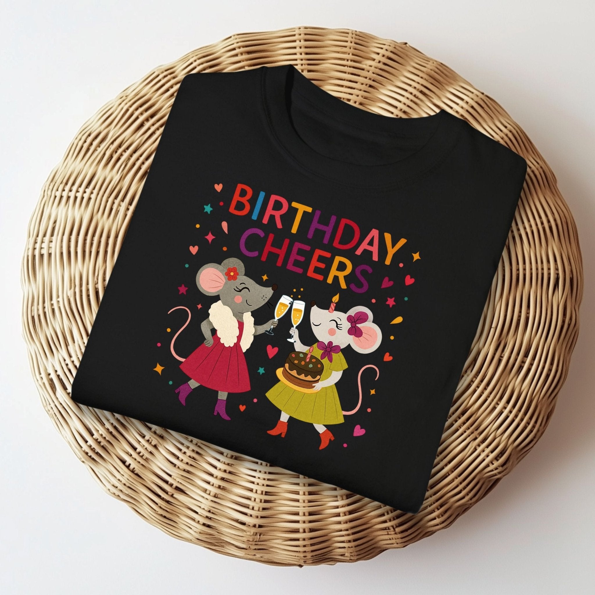 Birthday Cheers T-Shirt, Comfort Colours Lesbian Birthday Tee, Funny Mouse Couple Gift for Her, Embroidered Style Party Shirt - Craig Michael Design