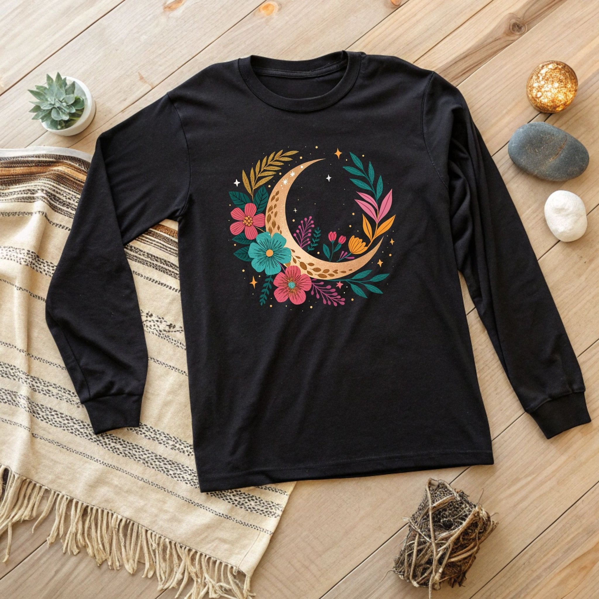Boho Moon & Floral Long Sleeve T-Shirt – Celestial & Artistic - Craig Michael Design