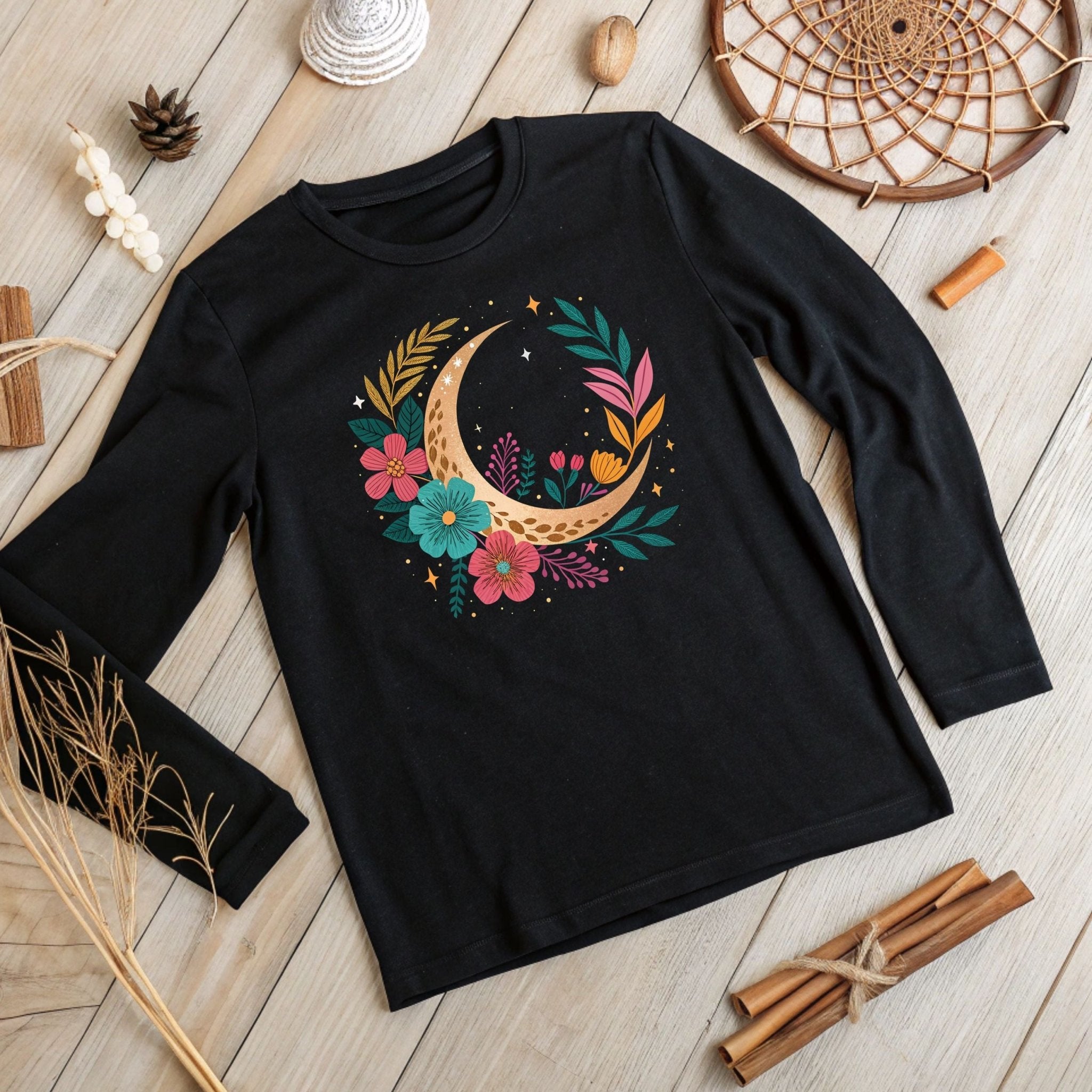 Boho Moon & Floral Long Sleeve T-Shirt – Celestial & Artistic - Craig Michael Design