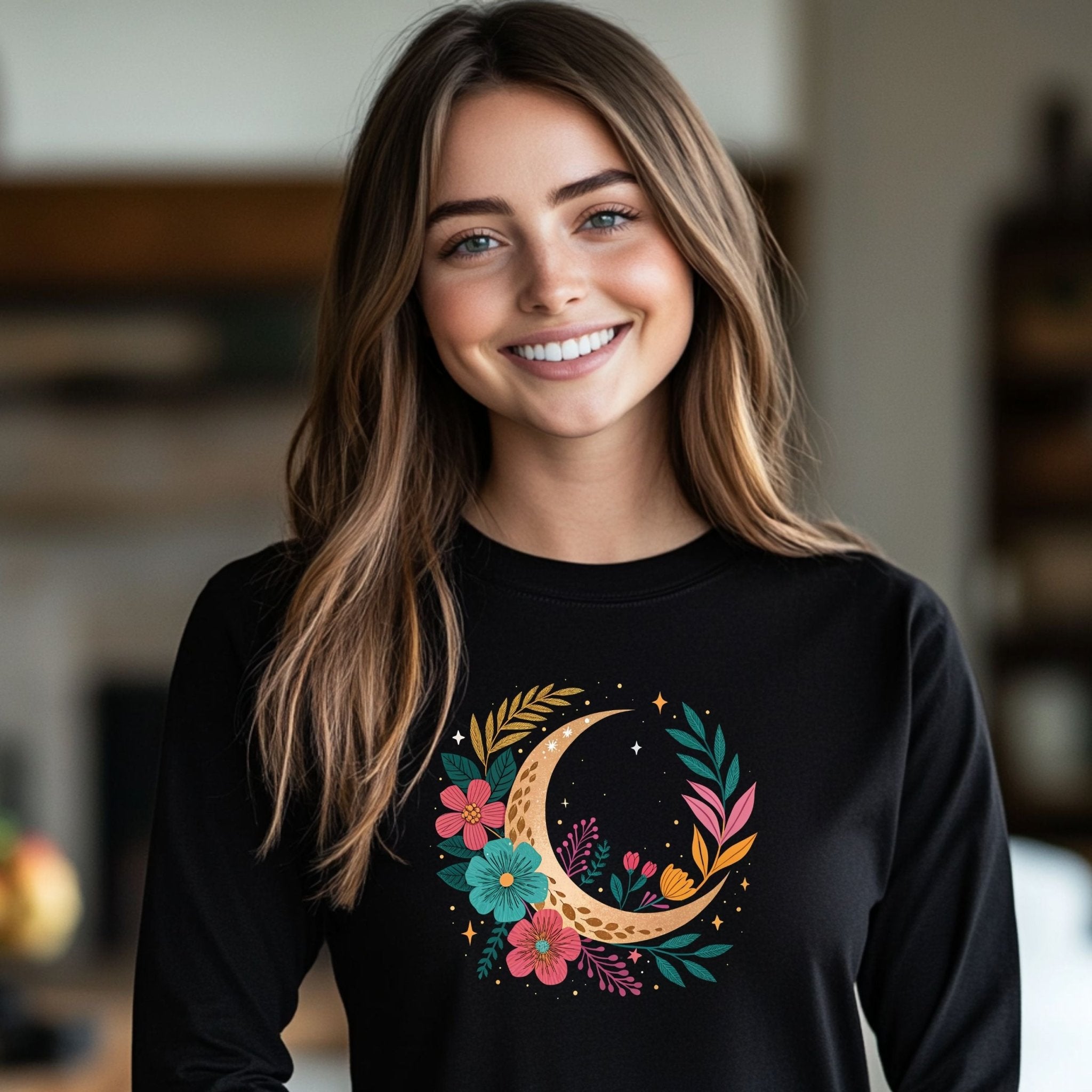 Boho Moon & Floral Long Sleeve T-Shirt – Celestial & Artistic - Craig Michael Design