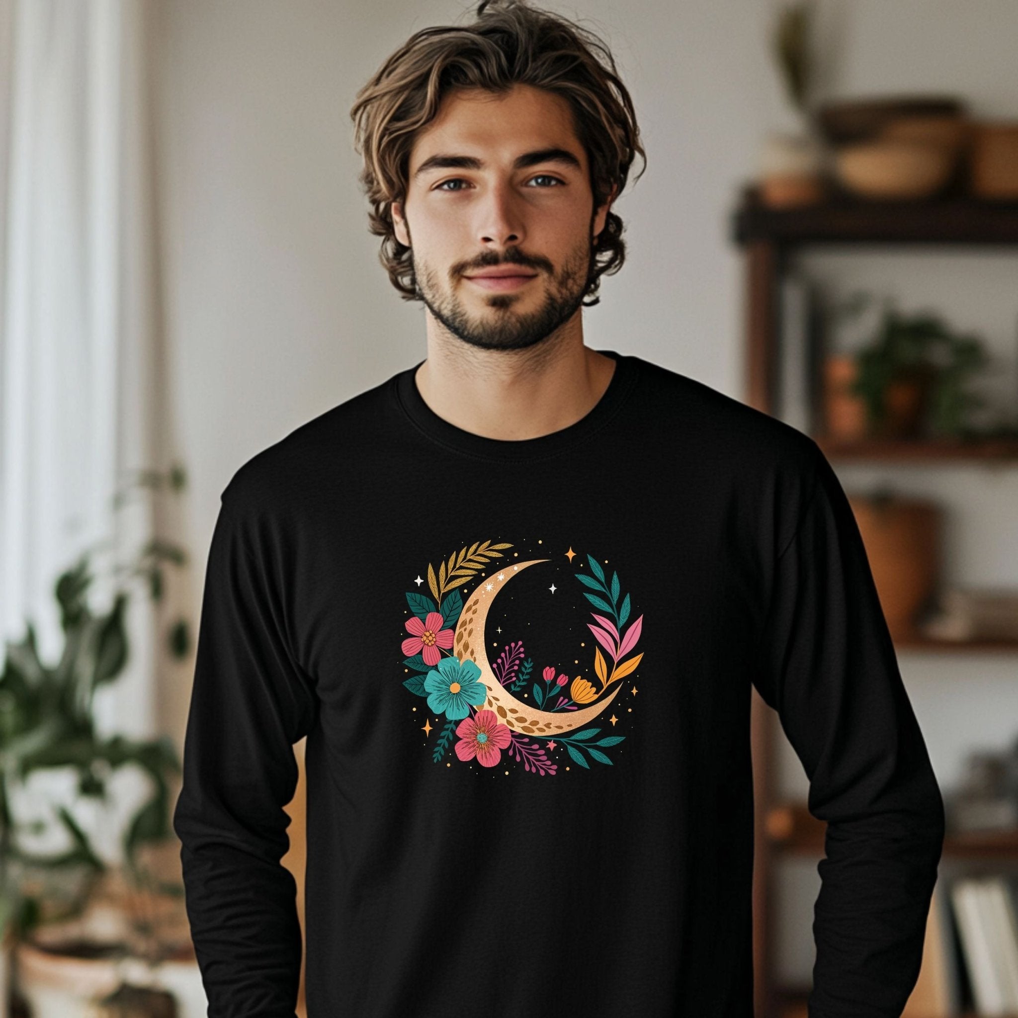 Boho Moon & Floral Long Sleeve T-Shirt – Celestial & Artistic - Craig Michael Design