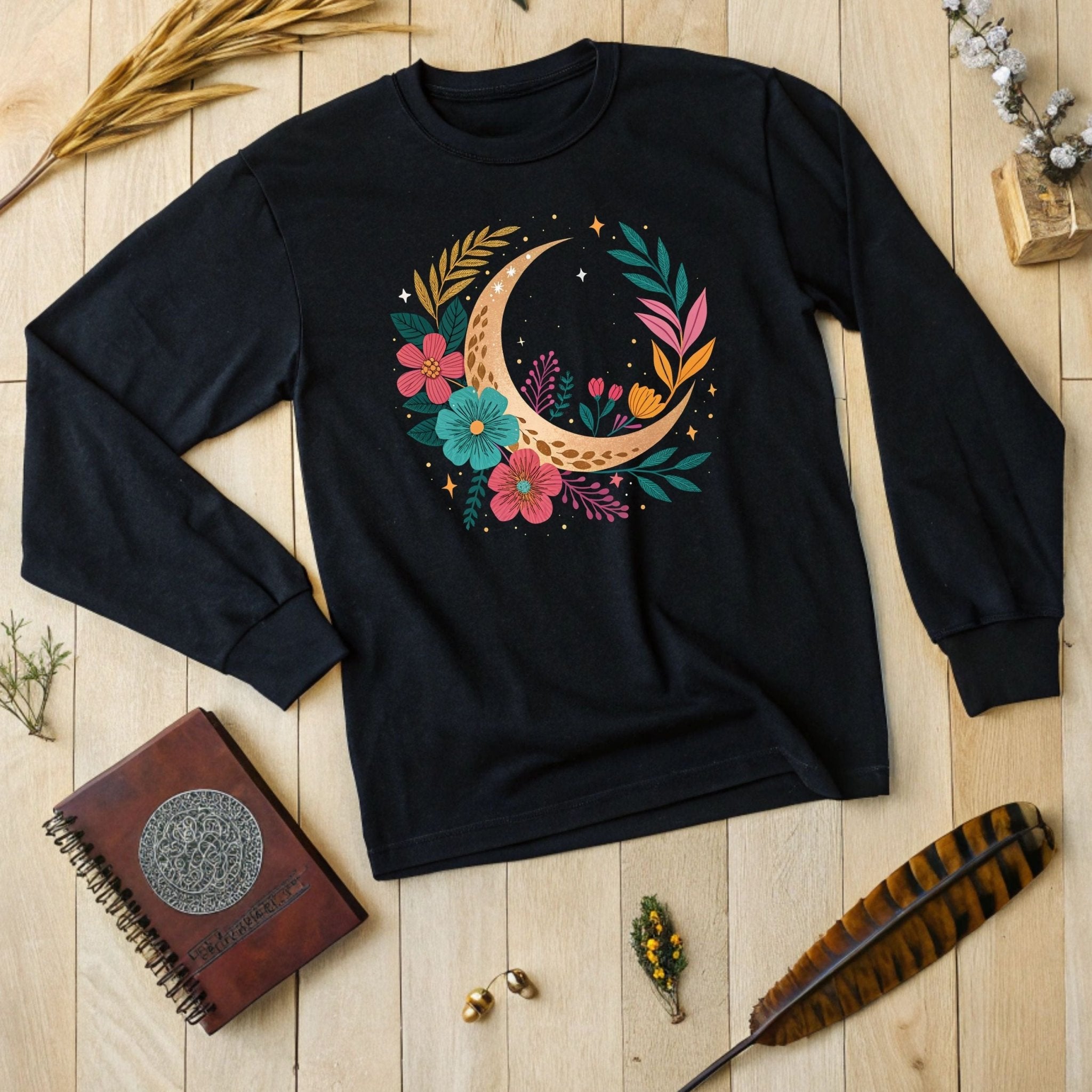 Boho Moon & Floral Long Sleeve T-Shirt – Celestial & Artistic - Craig Michael Design