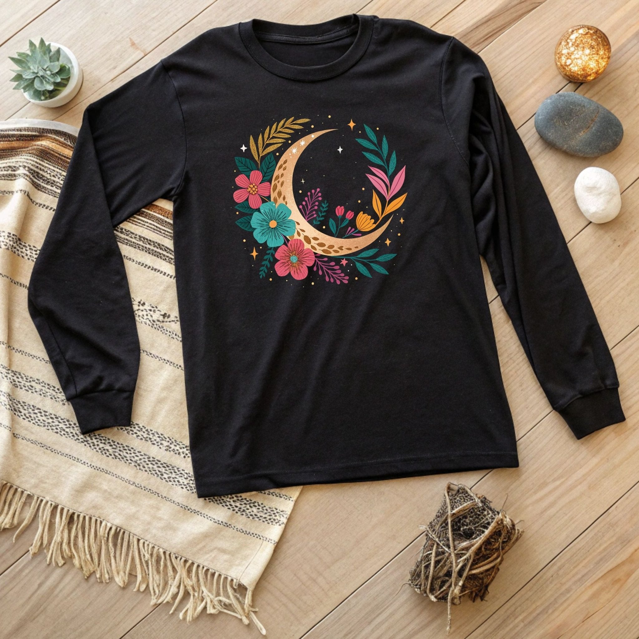 Boho Moon & Floral Long Sleeve T-Shirt – Celestial & Artistic - Craig Michael Design