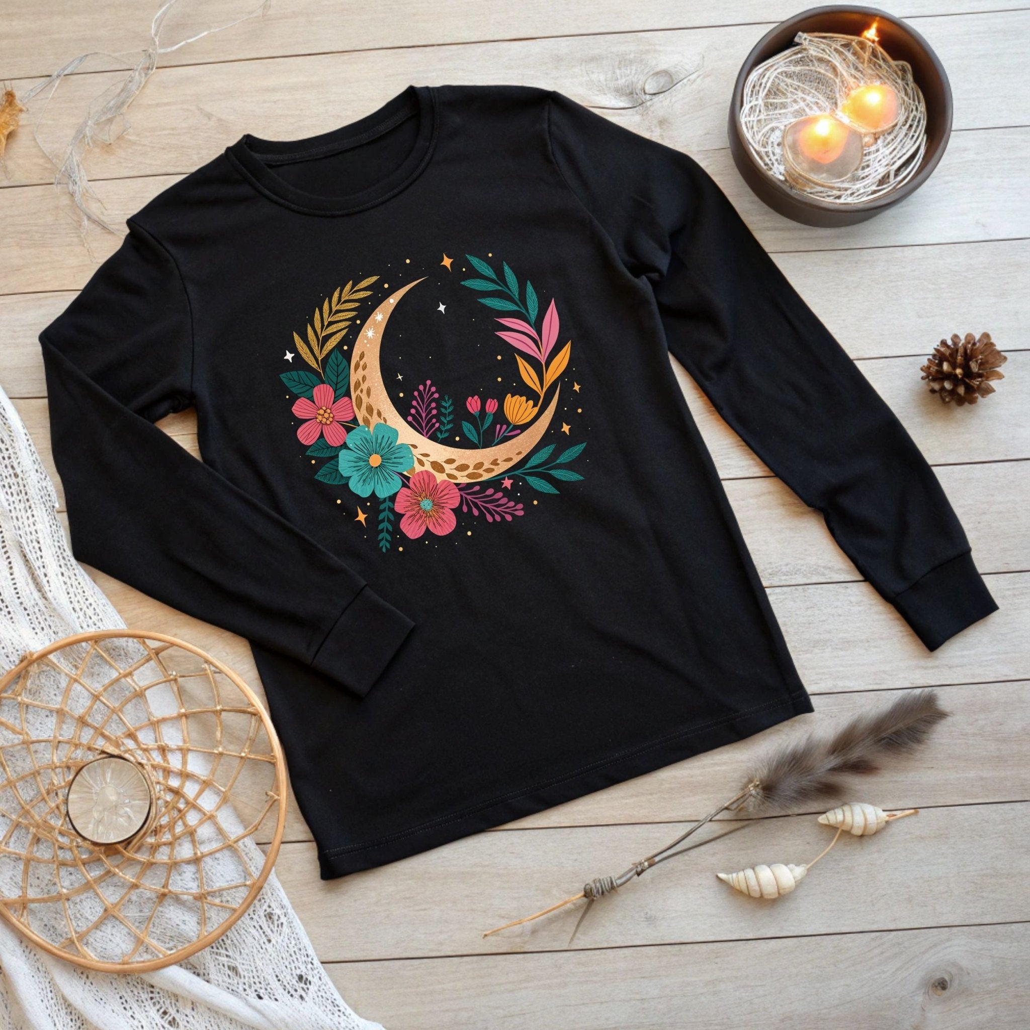 Boho Moon & Floral Long Sleeve T-Shirt – Celestial & Artistic - Craig Michael Design
