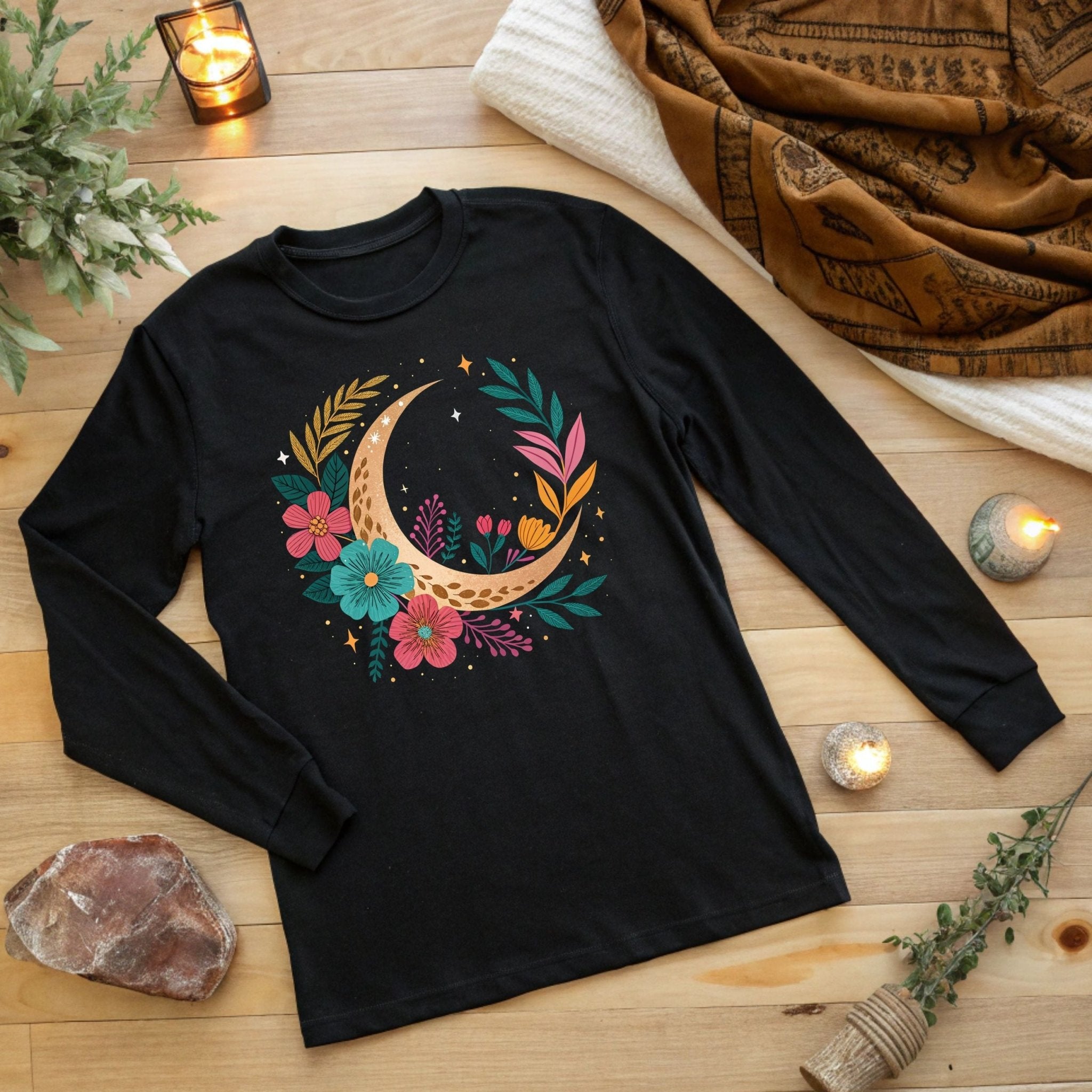 Boho Moon & Floral Long Sleeve T-Shirt – Celestial & Artistic - Craig Michael Design