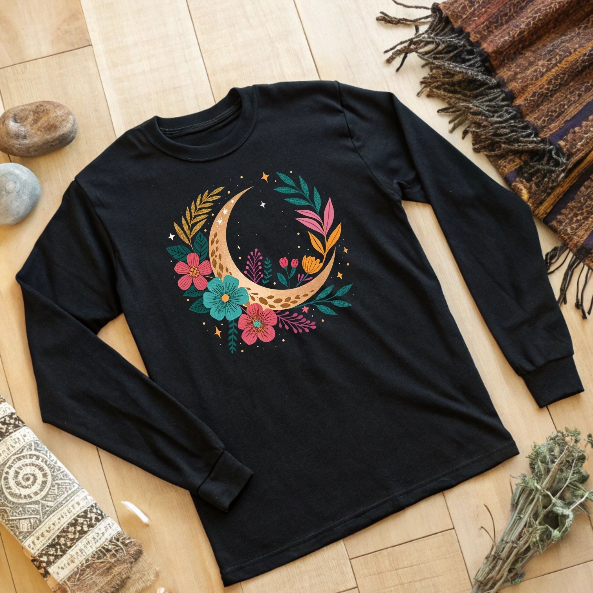 Boho Moon & Floral Long Sleeve T-Shirt – Celestial & Artistic - Craig Michael Design