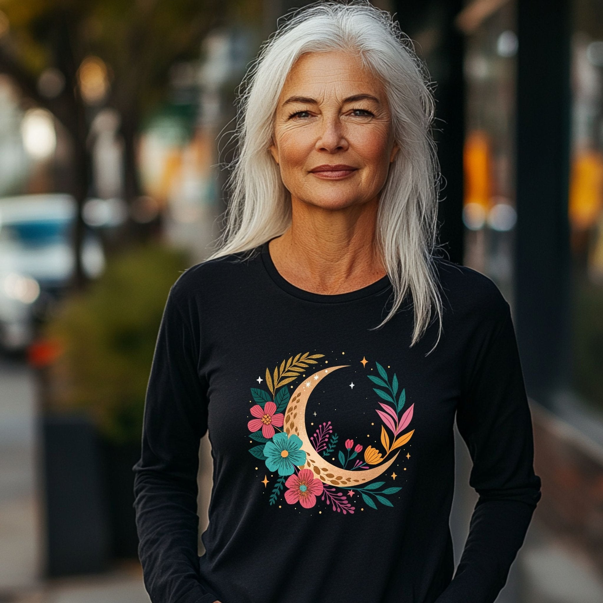 Boho Moon & Floral Long Sleeve T-Shirt – Celestial & Artistic - Craig Michael Design