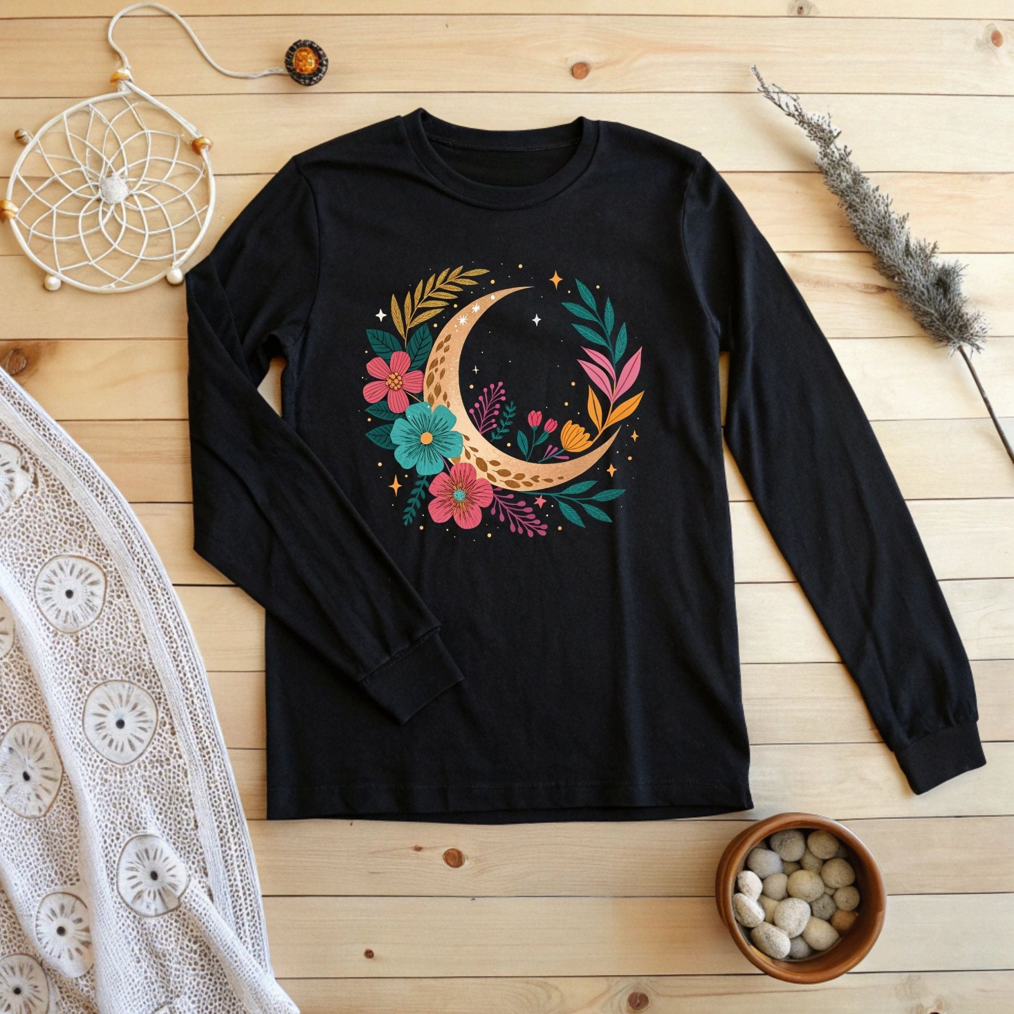 Boho Moon & Floral Long Sleeve T-Shirt – Celestial & Artistic - Craig Michael Design