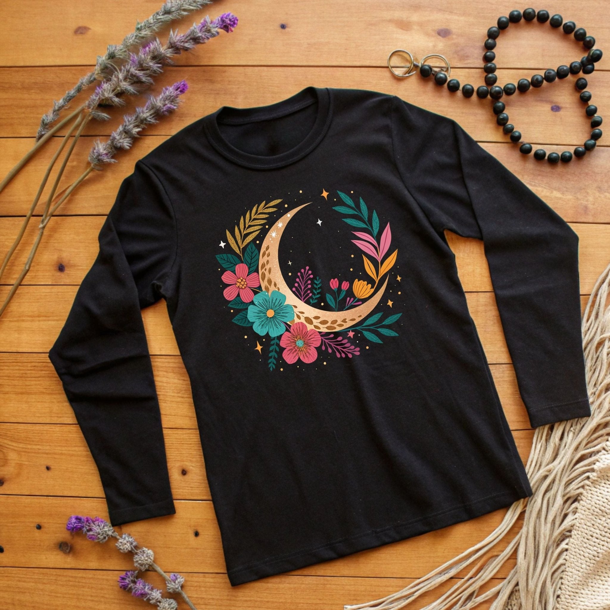 Boho Moon & Floral Long Sleeve T-Shirt – Celestial & Artistic - Craig Michael Design