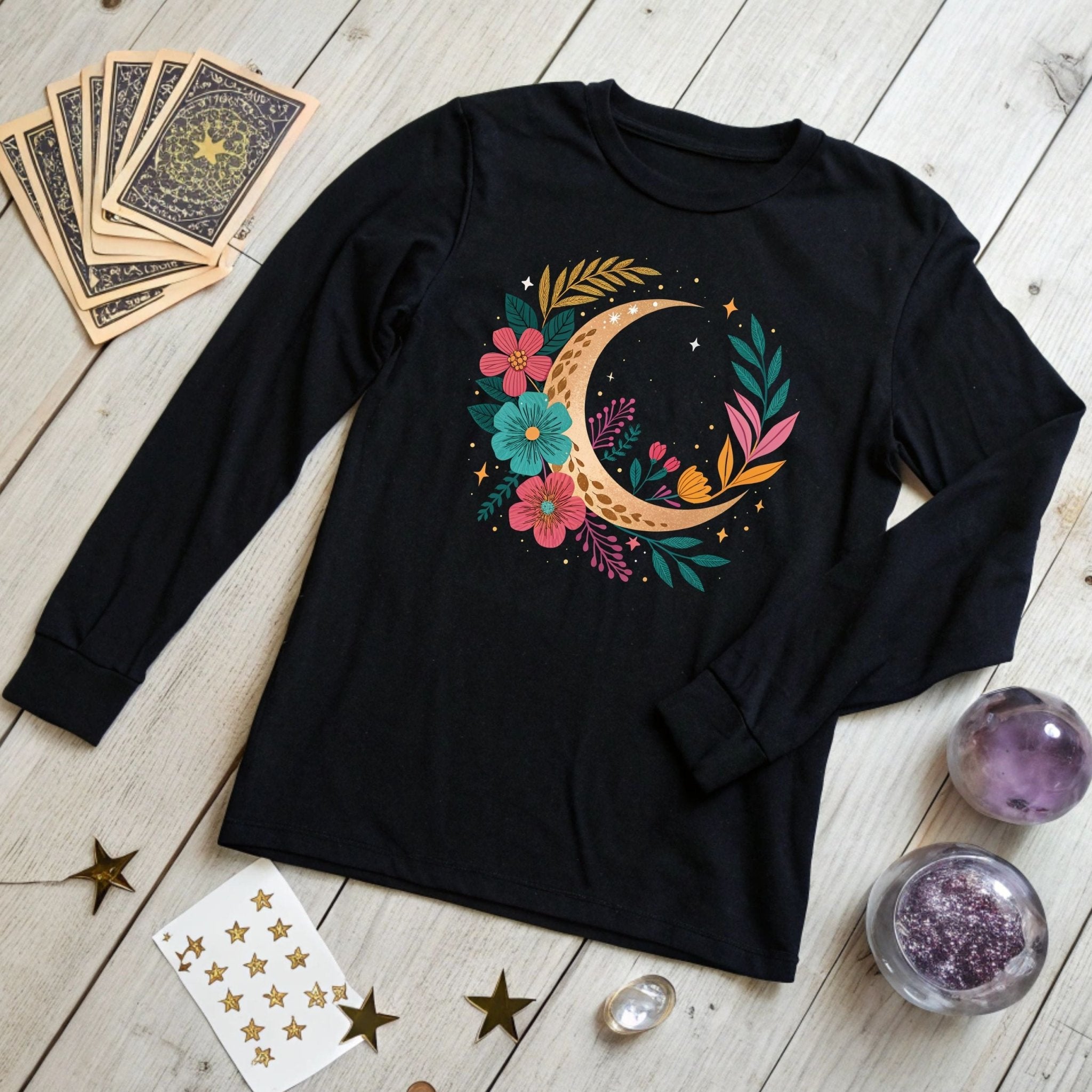 Boho Moon & Floral Long Sleeve T-Shirt – Celestial & Artistic - Craig Michael Design