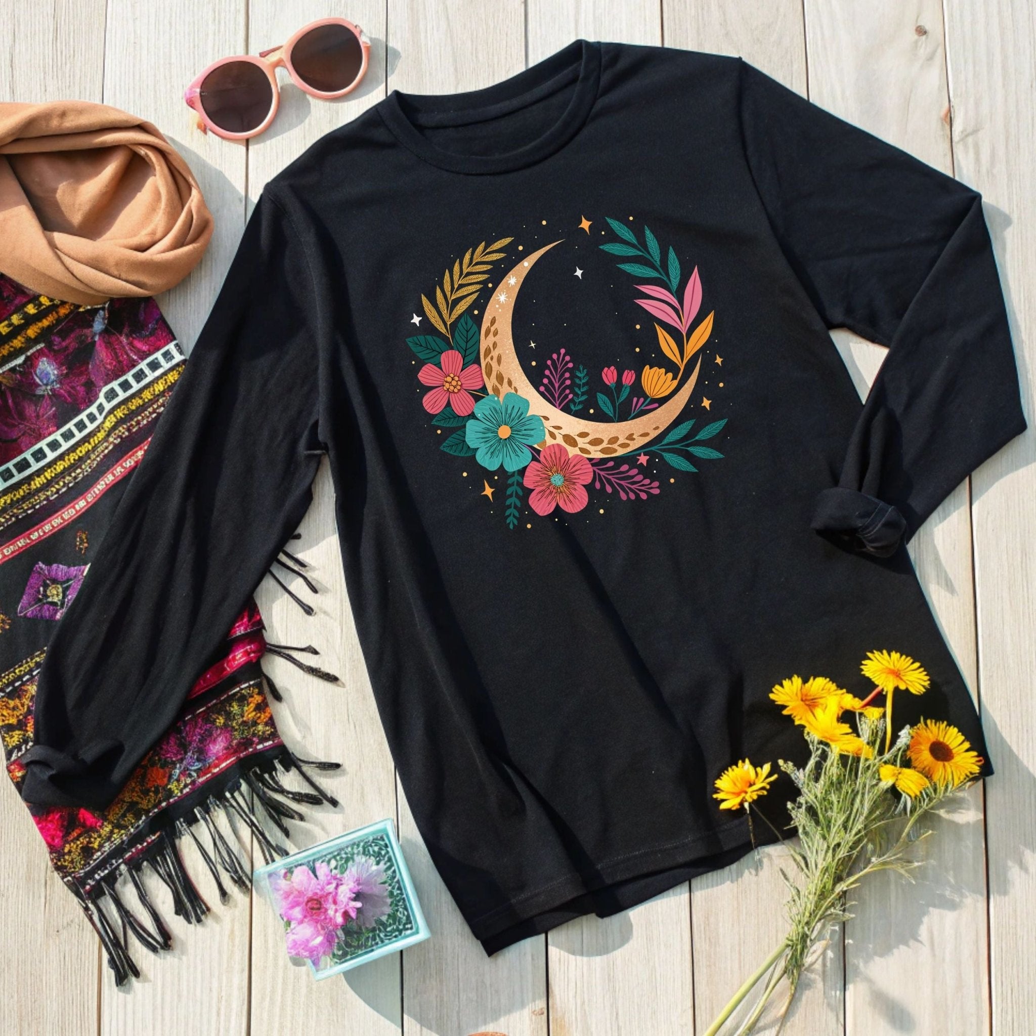 Boho Moon & Floral Long Sleeve T-Shirt – Celestial & Artistic - Craig Michael Design