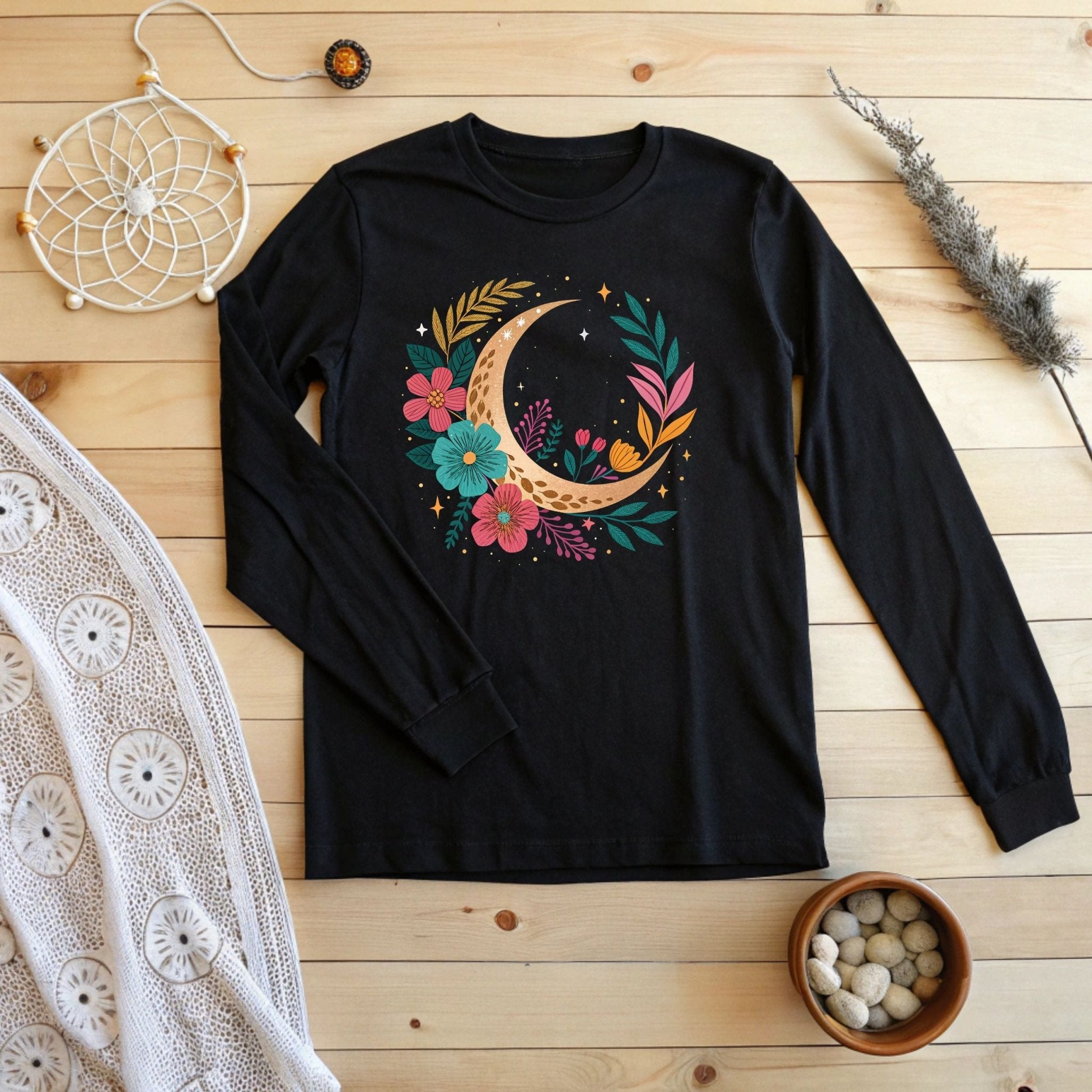 Boho Moon & Floral Long Sleeve T-Shirt – Celestial & Artistic - Craig Michael Design