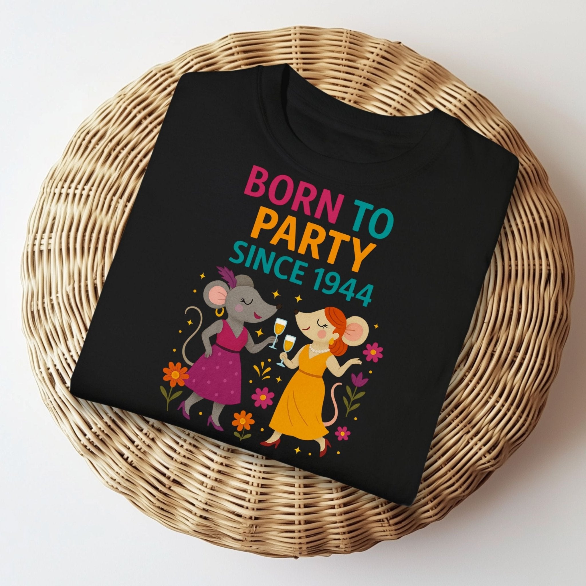 Born to Party Since 1944 Tee, Comfort Colours 80th Birthday Shirt, Funny Gift for Her, Embroidered Style Mouse T-Shirt, Milestone Party Top - Craig Michael Design
