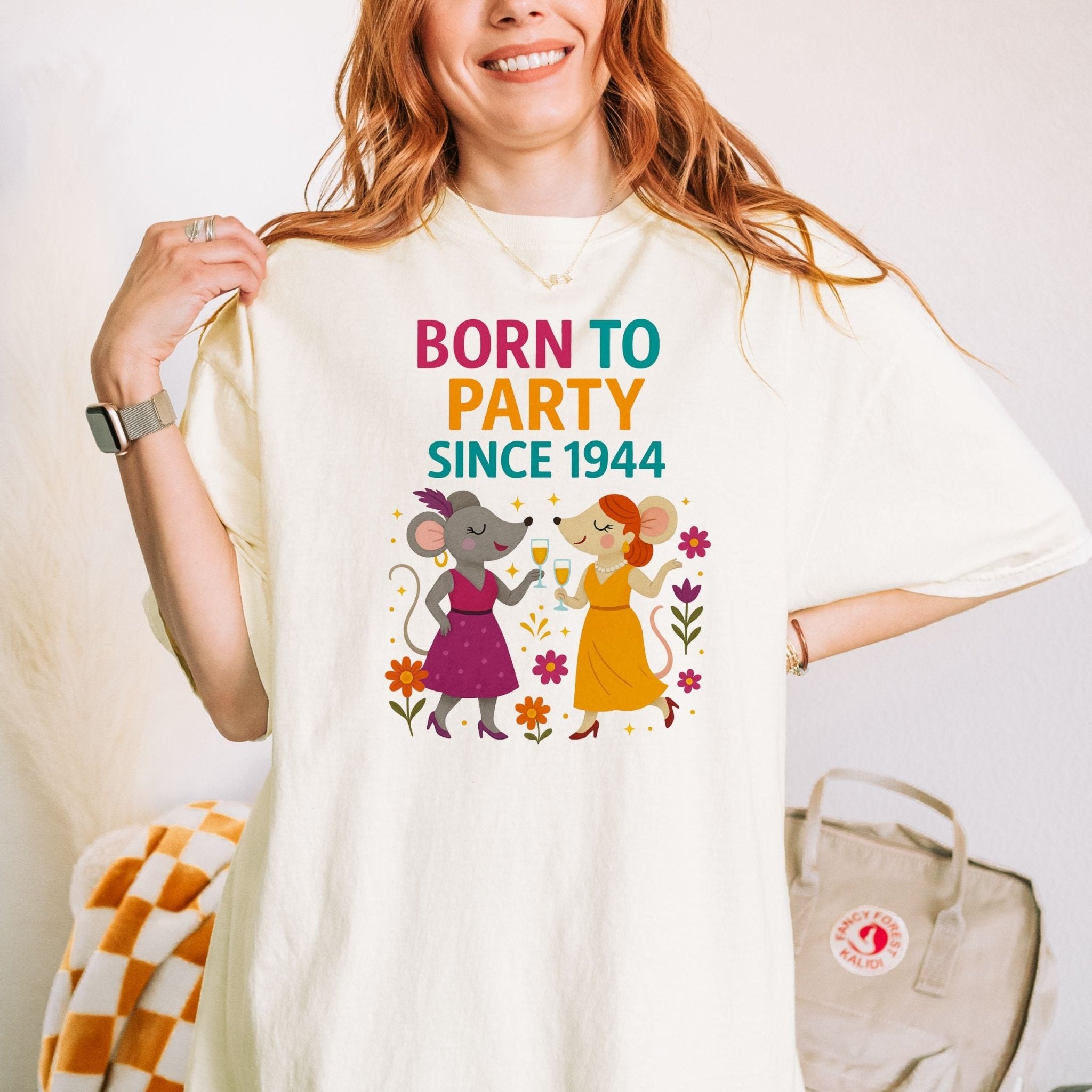 Born to Party Since 1944 Tee, Comfort Colours 80th Birthday Shirt, Funny Gift for Her, Embroidered Style Mouse T-Shirt, Milestone Party Top - Craig Michael Design