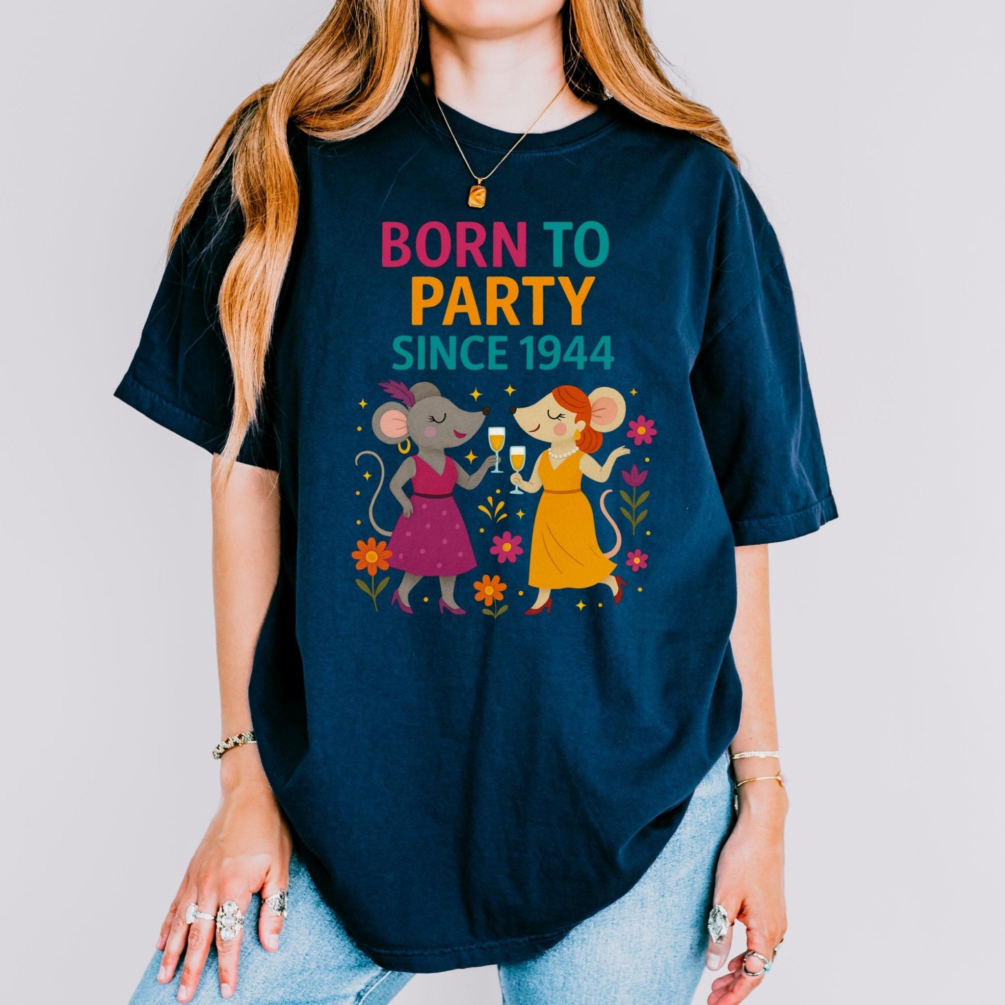 Born to Party Since 1944 Tee, Comfort Colours 80th Birthday Shirt, Funny Gift for Her, Embroidered Style Mouse T-Shirt, Milestone Party Top - Craig Michael Design