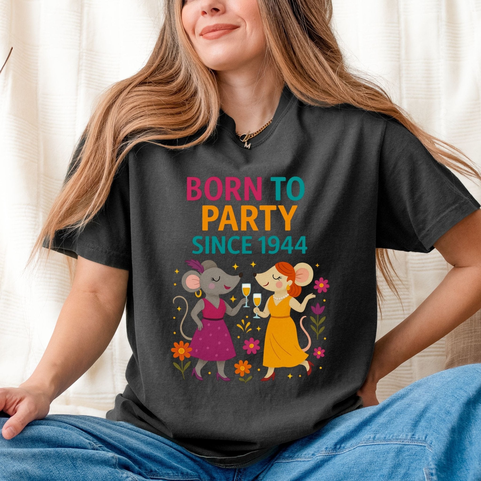 Born to Party Since 1944 Tee, Comfort Colours 80th Birthday Shirt, Funny Gift for Her, Embroidered Style Mouse T-Shirt, Milestone Party Top - Craig Michael Design