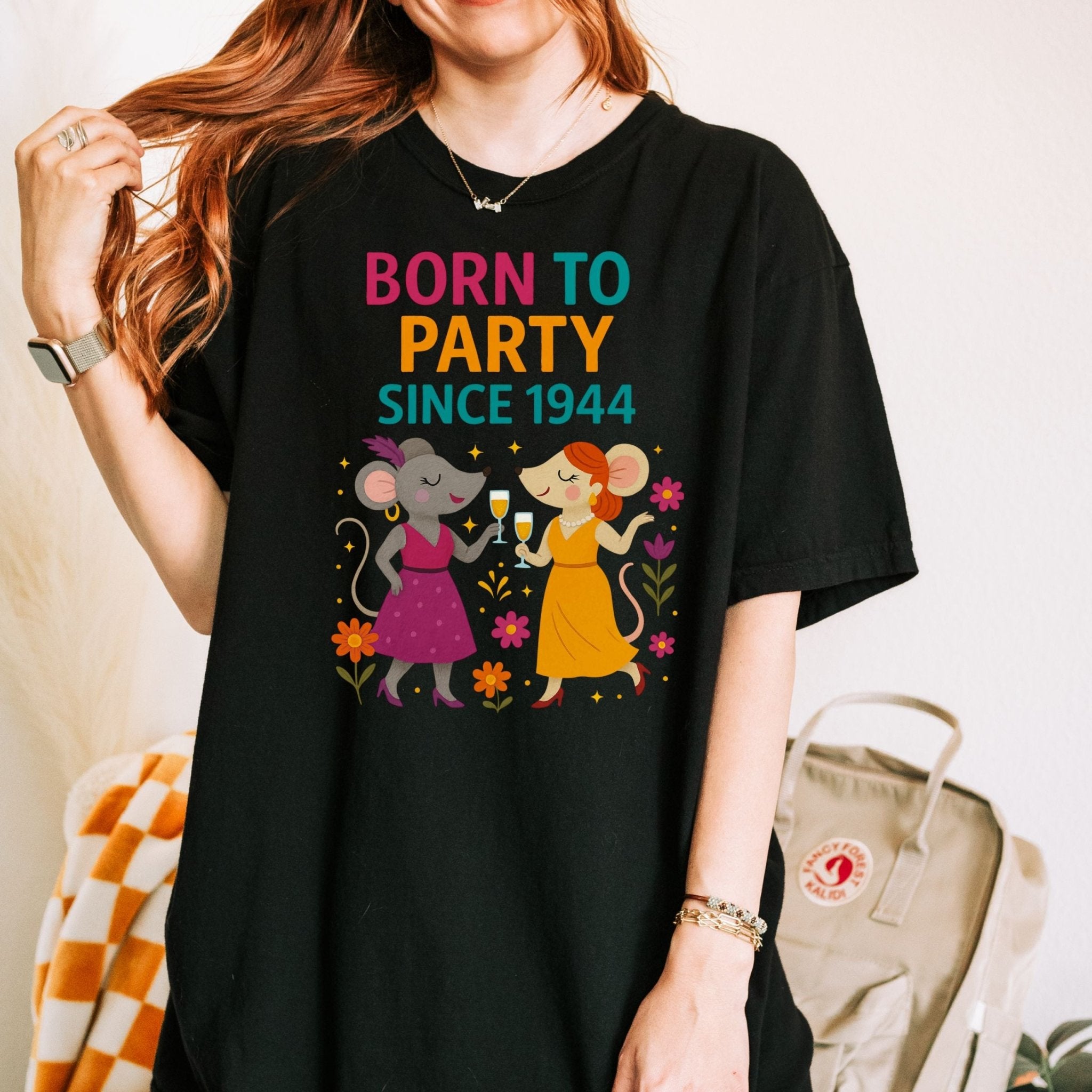 Born to Party Since 1944 Tee, Comfort Colours 80th Birthday Shirt, Funny Gift for Her, Embroidered Style Mouse T-Shirt, Milestone Party Top - Craig Michael Design