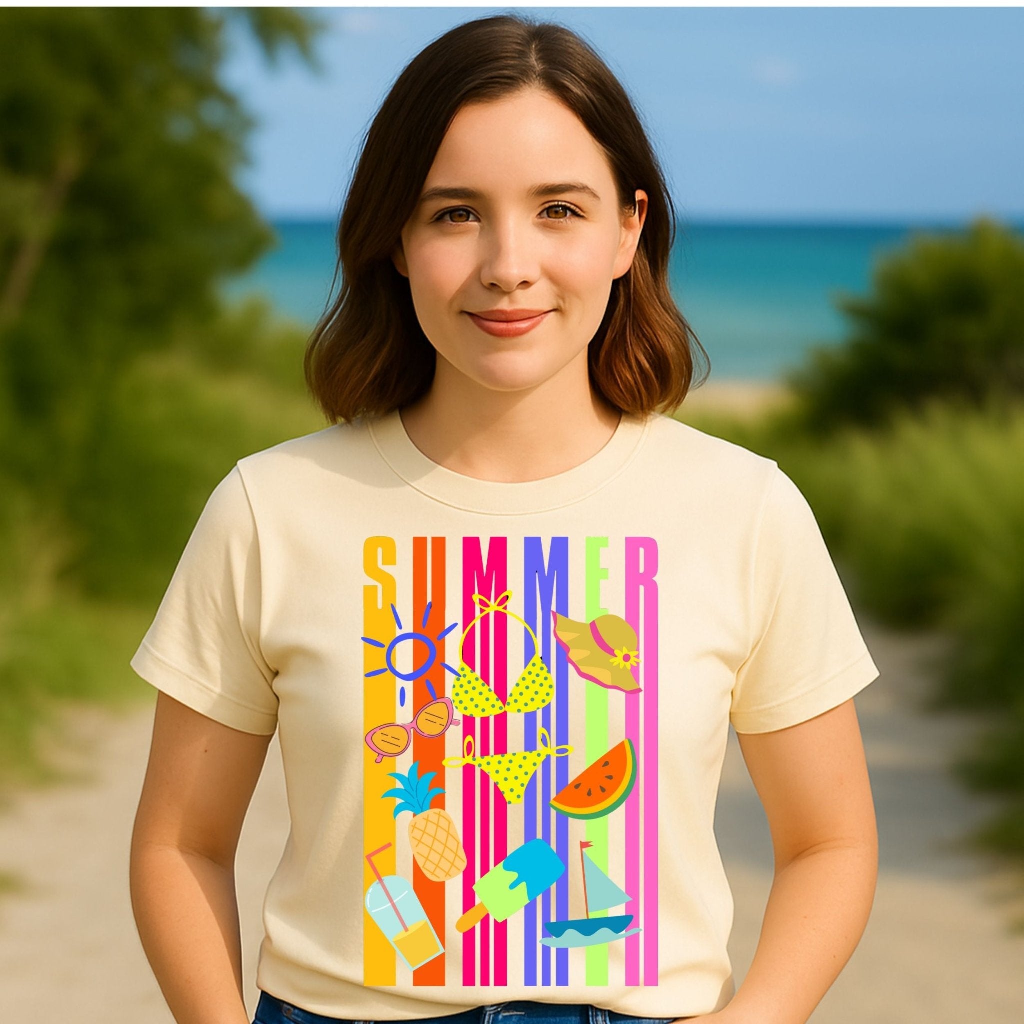 Bright Summer T-Shirt, Colourful Beach Shirt for Women, Tropical Holiday Tee - Craig Michael Design