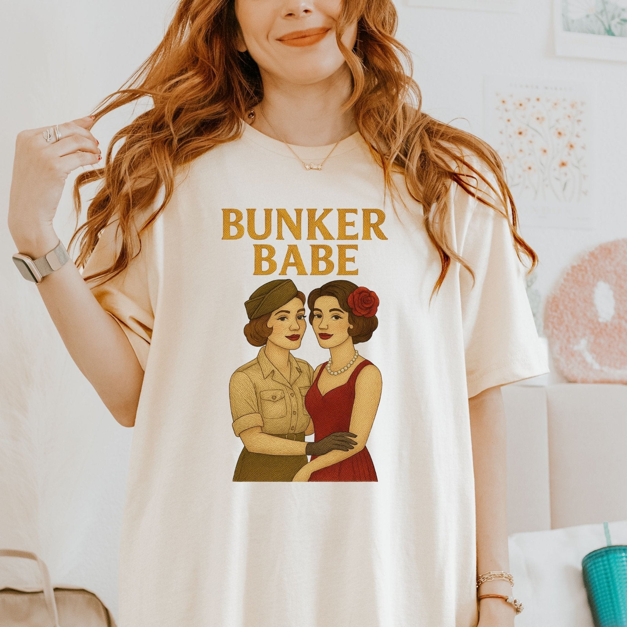 Bunker Babe Tee, 1940s Lesbian Pinup T-Shirt, Embroidered Style Queer Pride Shirt, Retro Femme Gay Gift for Her - Craig Michael Design