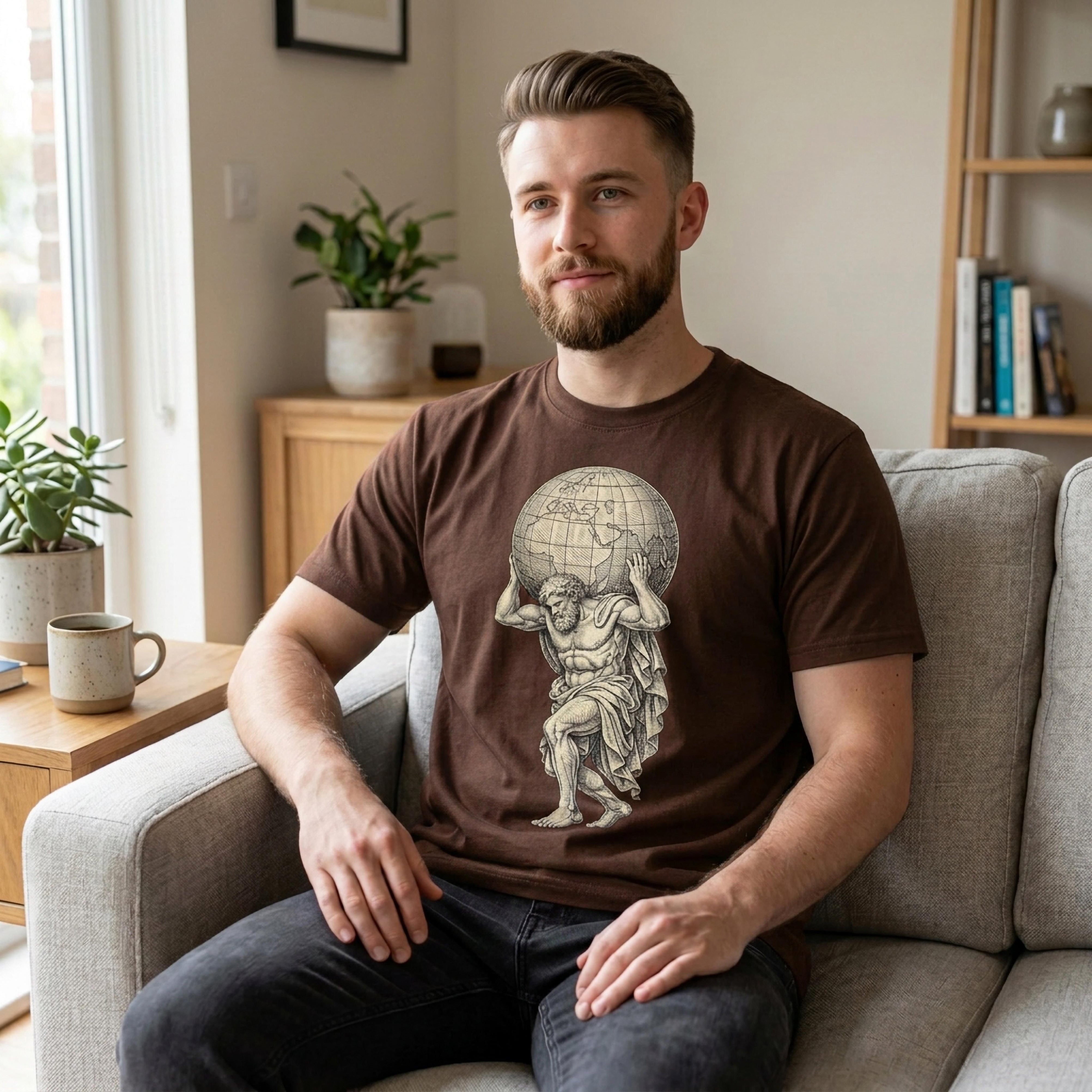 Man wearing brown t-shirt with Atlas holding the globe graphic.