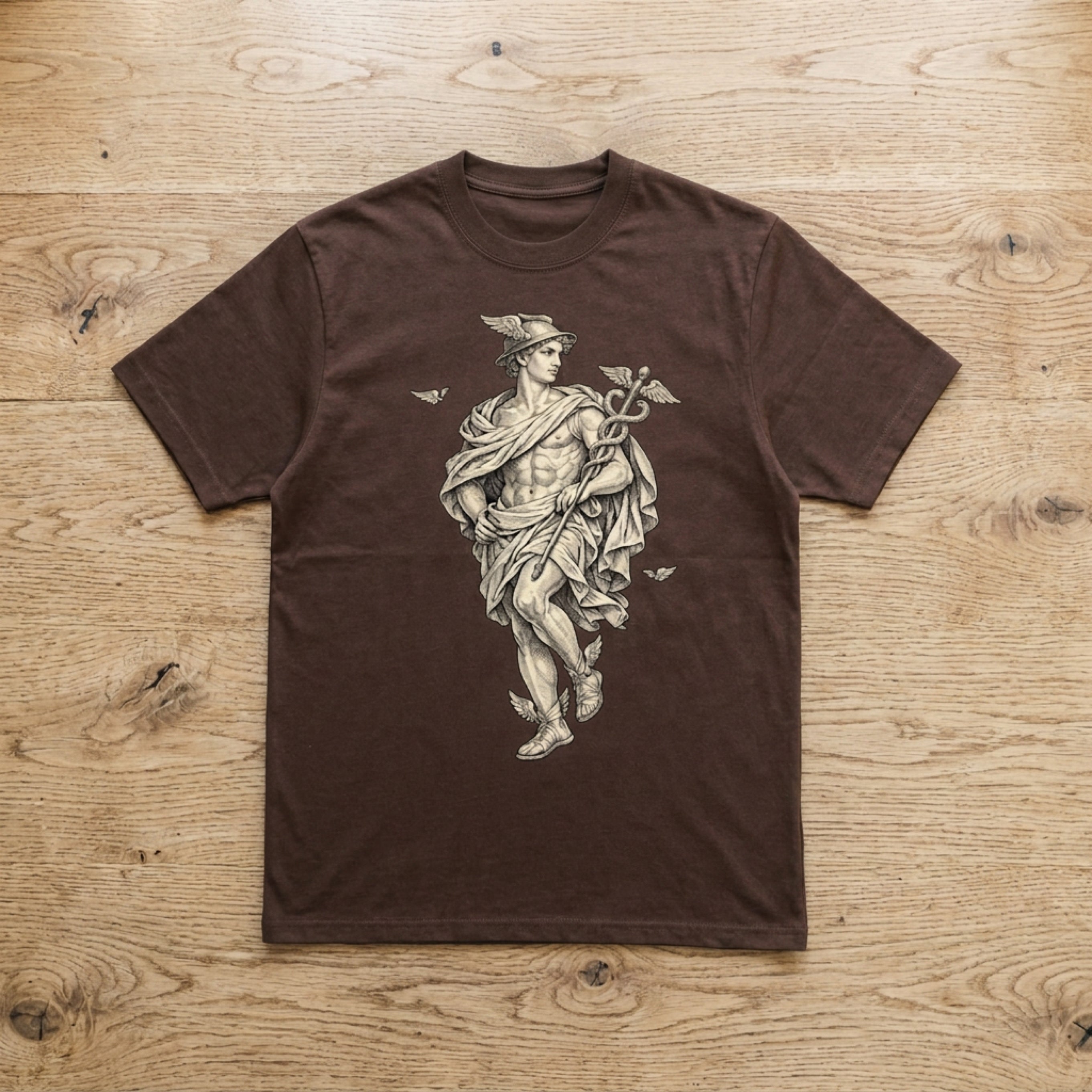 Brown t-shirt with a detailed drawing of the Roman god Mercury.