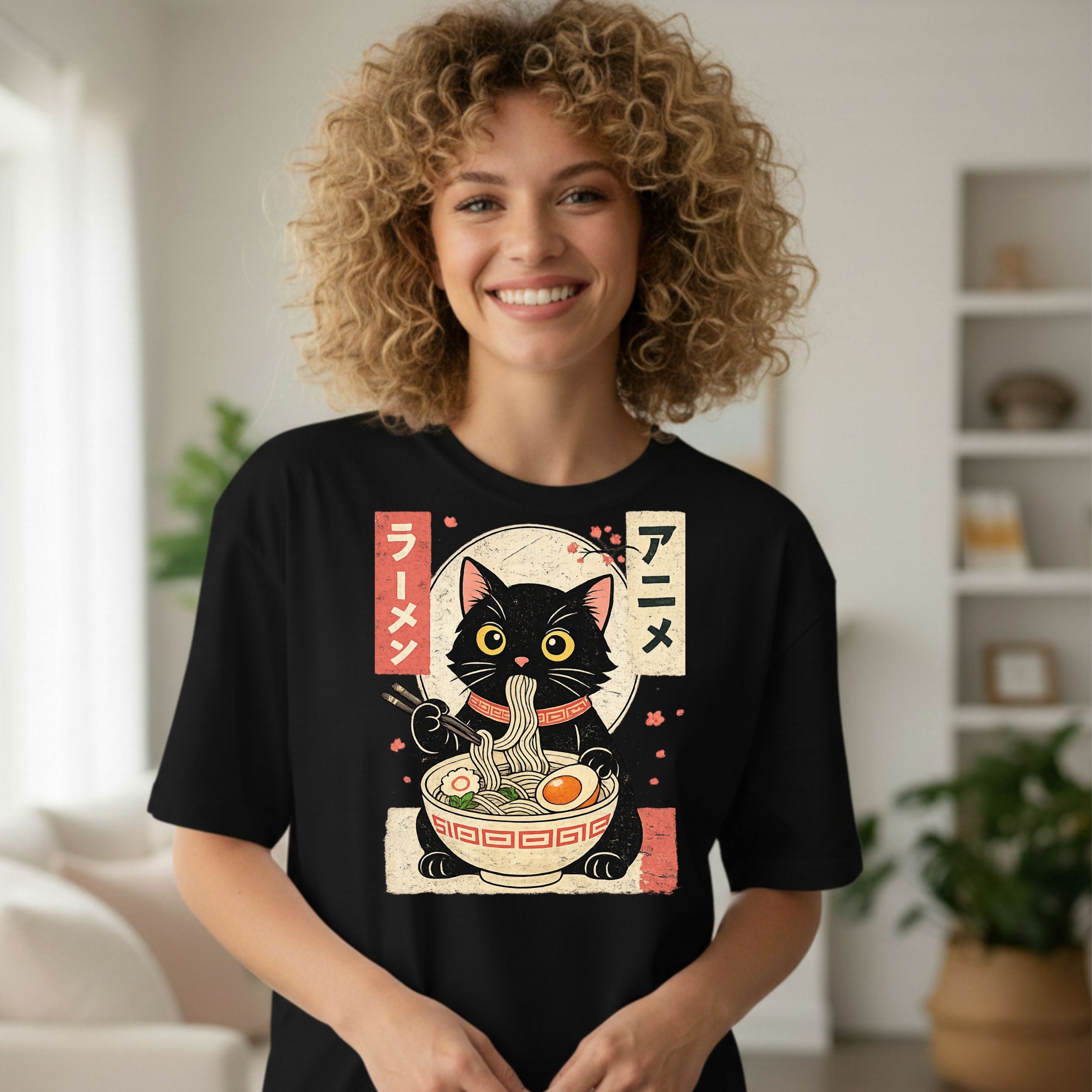 Cute Anime Cat Eating Ramen Graphic T-Shirt