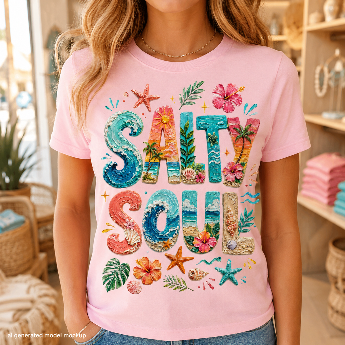 Pink t-shirt with "SALTY SOUL" text and beach-themed illustrations.