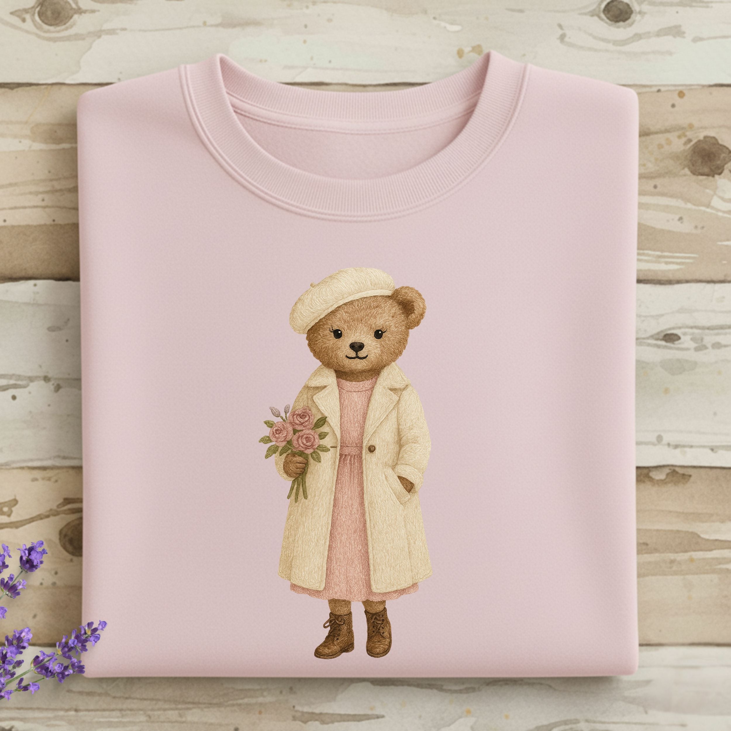Cute Teddy Bear with Flowers on Pink Shirt
