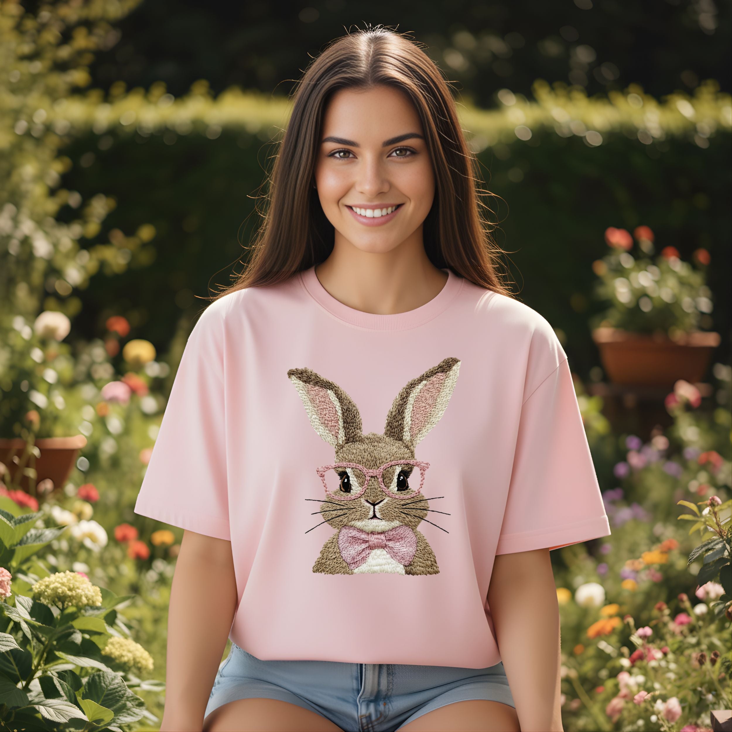 Adorable Bunny Graphic Tee with Pink Glasses Design