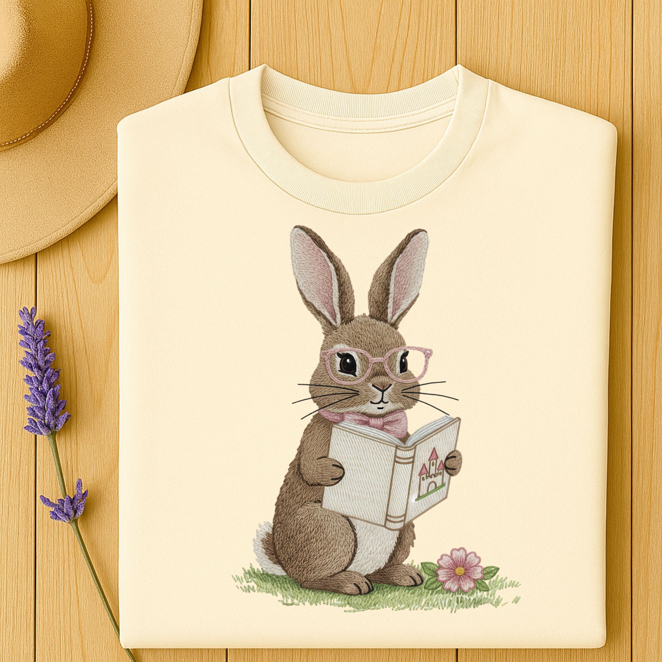 Cute Bunny Reading Book Illustration T-Shirt
