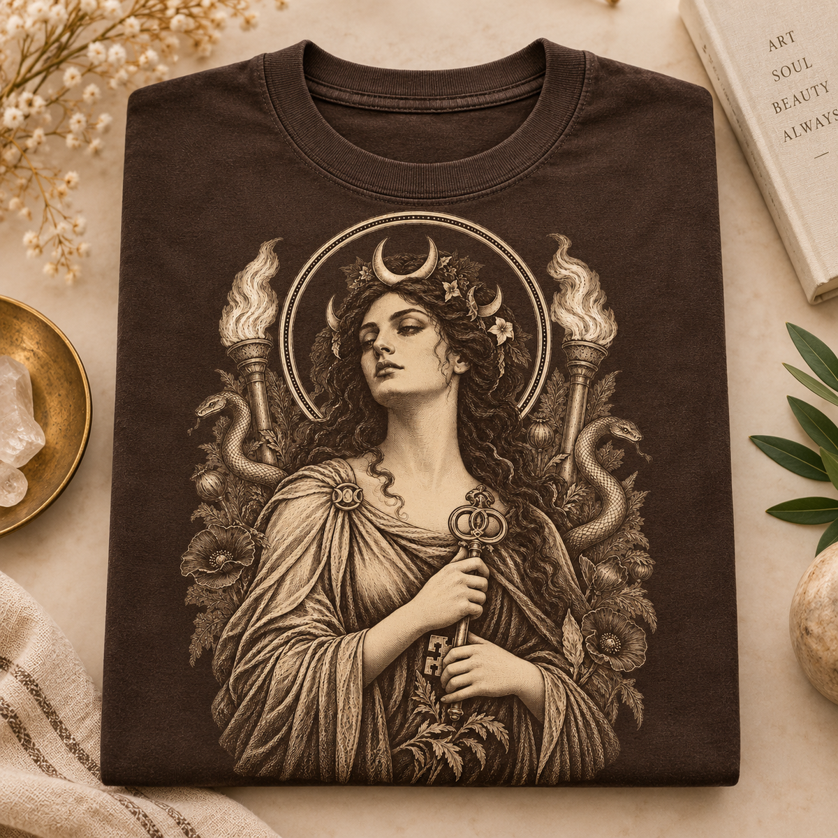 T-shirt graphic of a woman holding a key with snakes, torches, and moons.