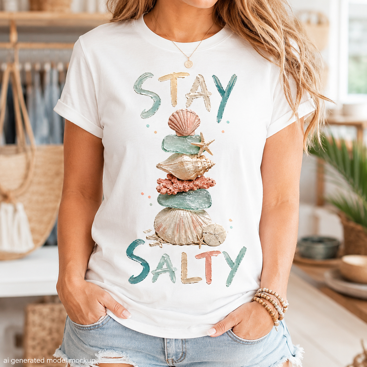 White t-shirt with "STAY SALTY" text and a stack of seashells and sea glass.
