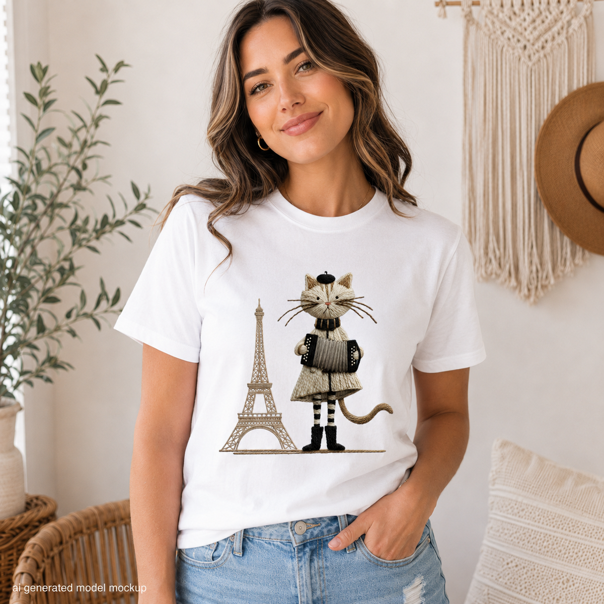 White t-shirt with Paris-themed cat playing accordion next to Eiffel Tower graphic.