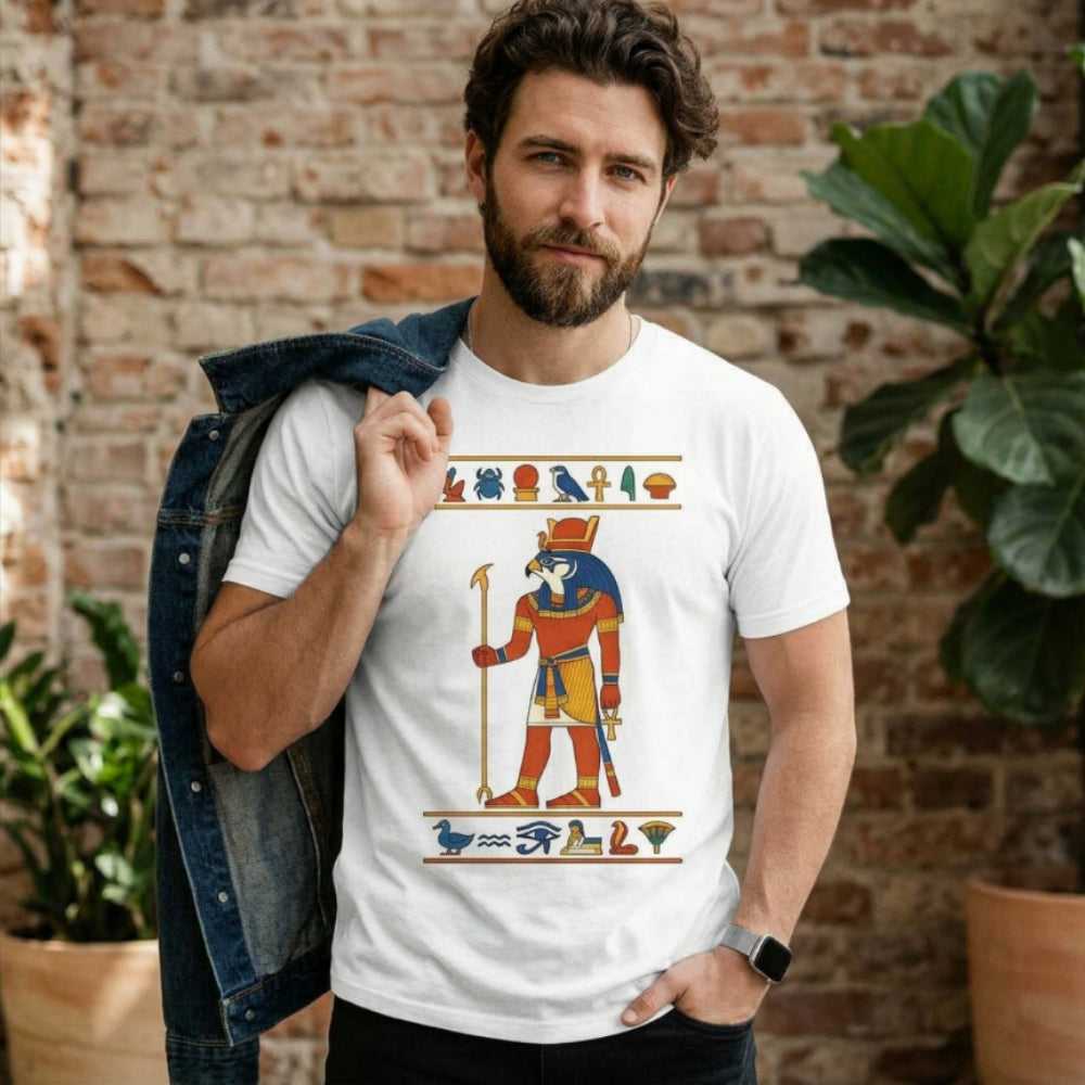 Man wearing white t-shirt with Egyptian hieroglyphs and Horus.