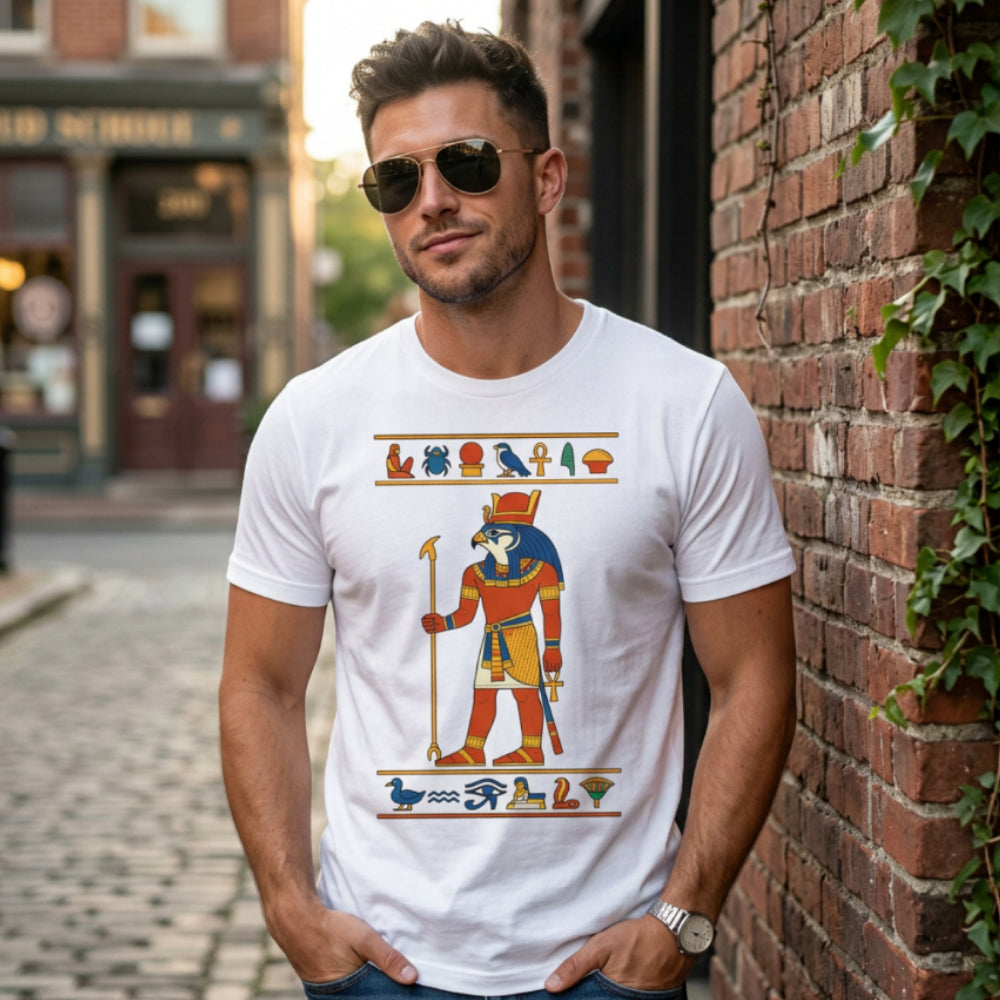 Man wearing white t-shirt with Egyptian hieroglyphs and Ra depiction.