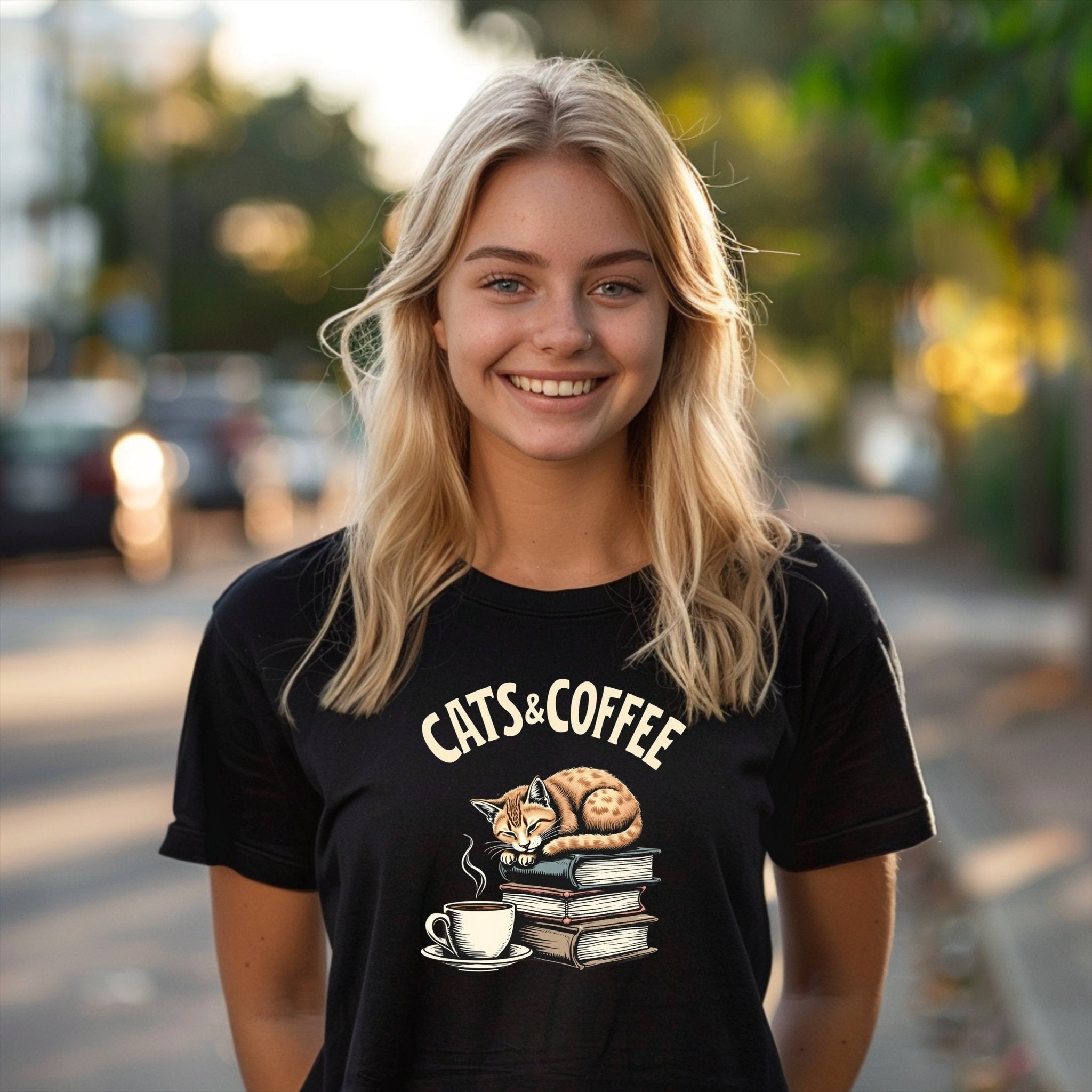Cats and Coffee Graphic Tee, Funny Cat Lover Shirt, Book Lover Gift, Cozy Reading T Shirt, Bookish Cat Tee, Cute Coffee Cat Shirt - Craig Michael Design
