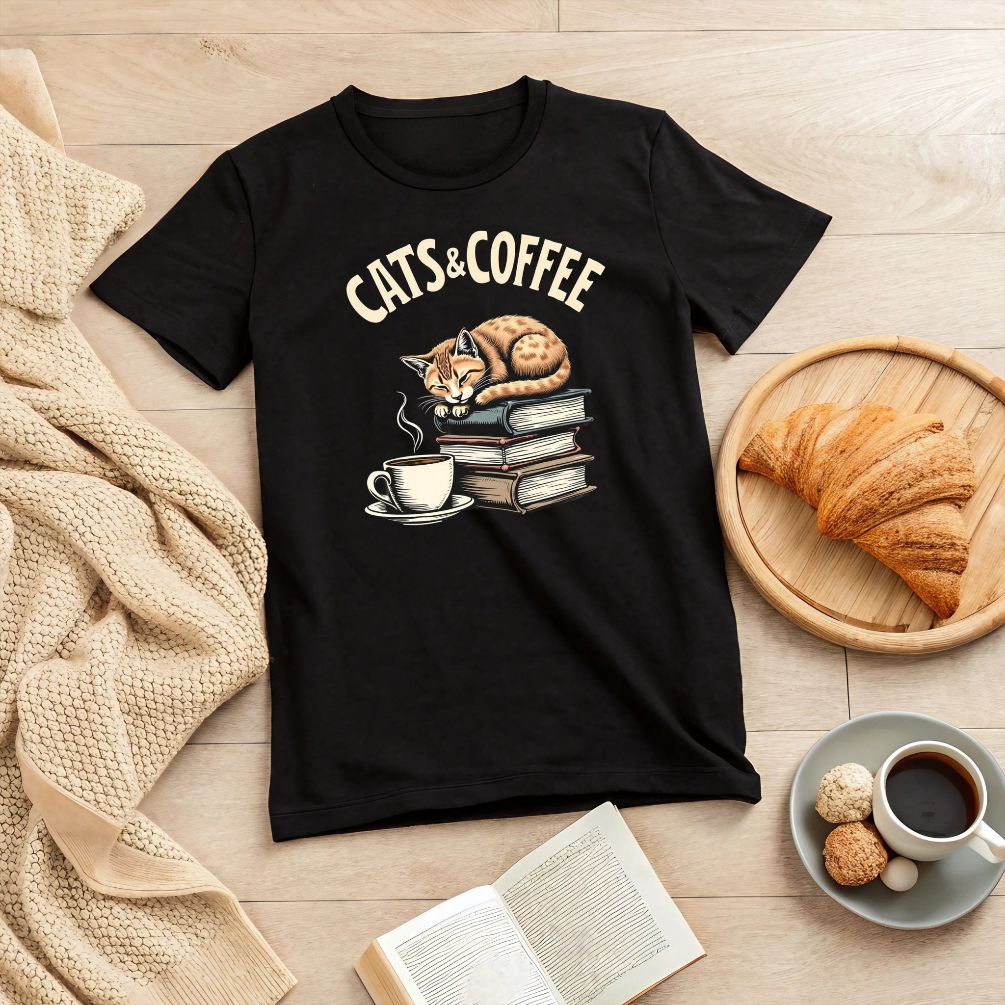 Cats and Coffee Graphic Tee, Funny Cat Lover Shirt, Book Lover Gift, Cozy Reading T Shirt, Bookish Cat Tee, Cute Coffee Cat Shirt - Craig Michael Design
