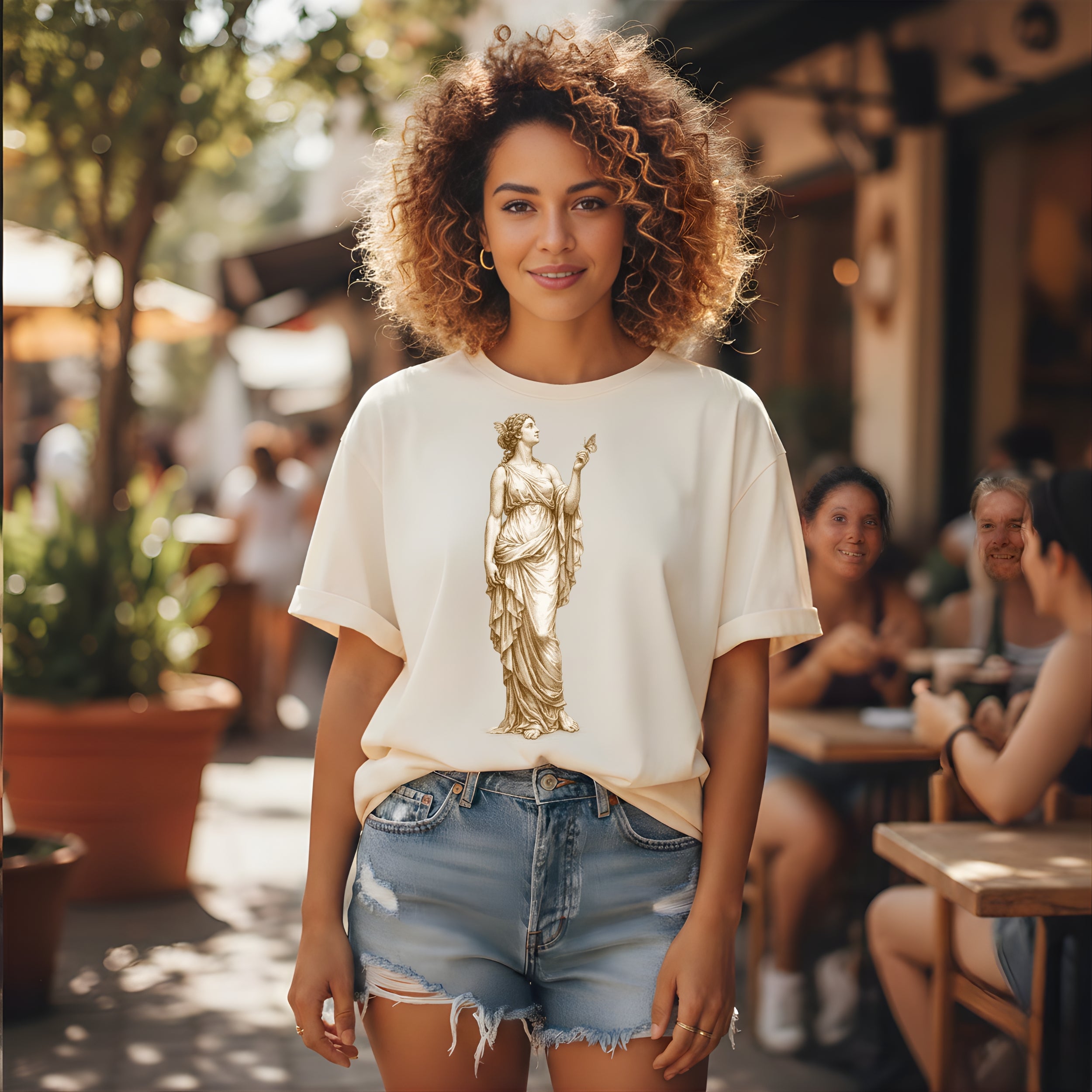 Stylized Ancient Greek Goddess Print Casual T-Shirt