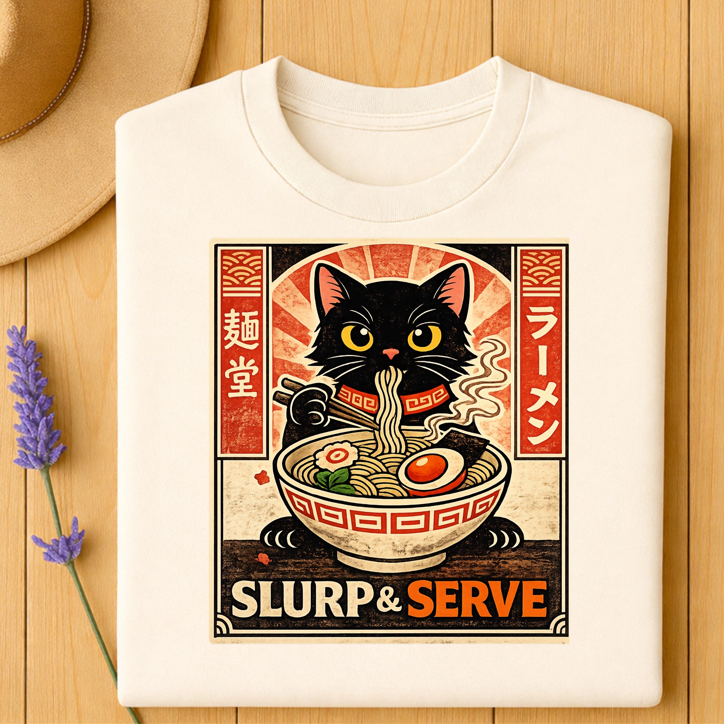 Slurp and Serve Ramen Cat Graphic Tee Shirt