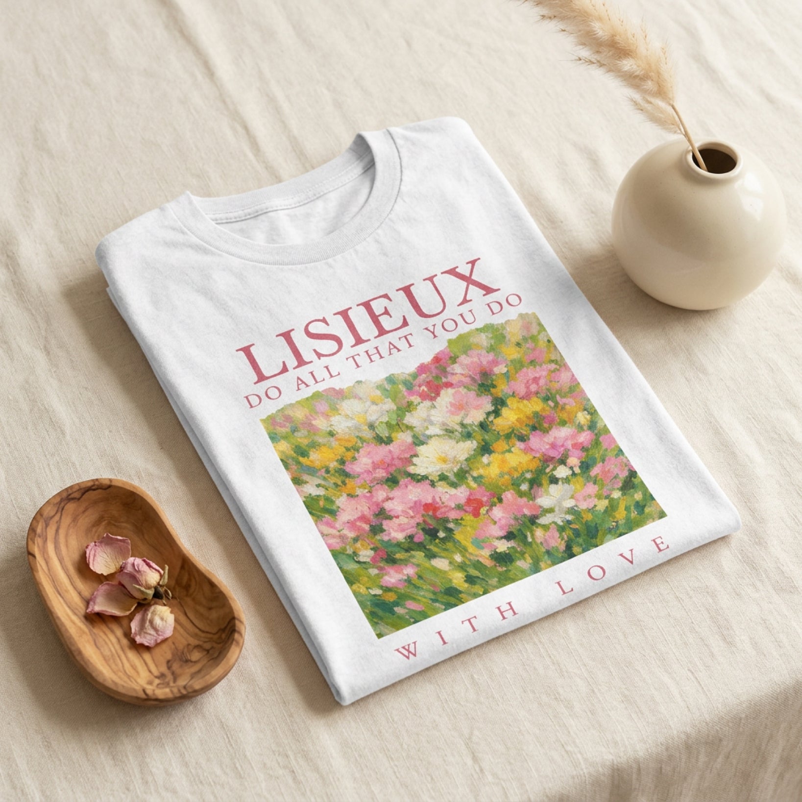 White t-shirt with "LISIEUX DO ALL THAT YOU DO WITH LOVE" and floral graphic.