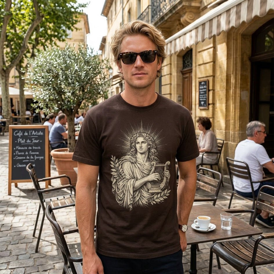 Man wearing a dark t-shirt with a drawing of a lyre-playing figure.