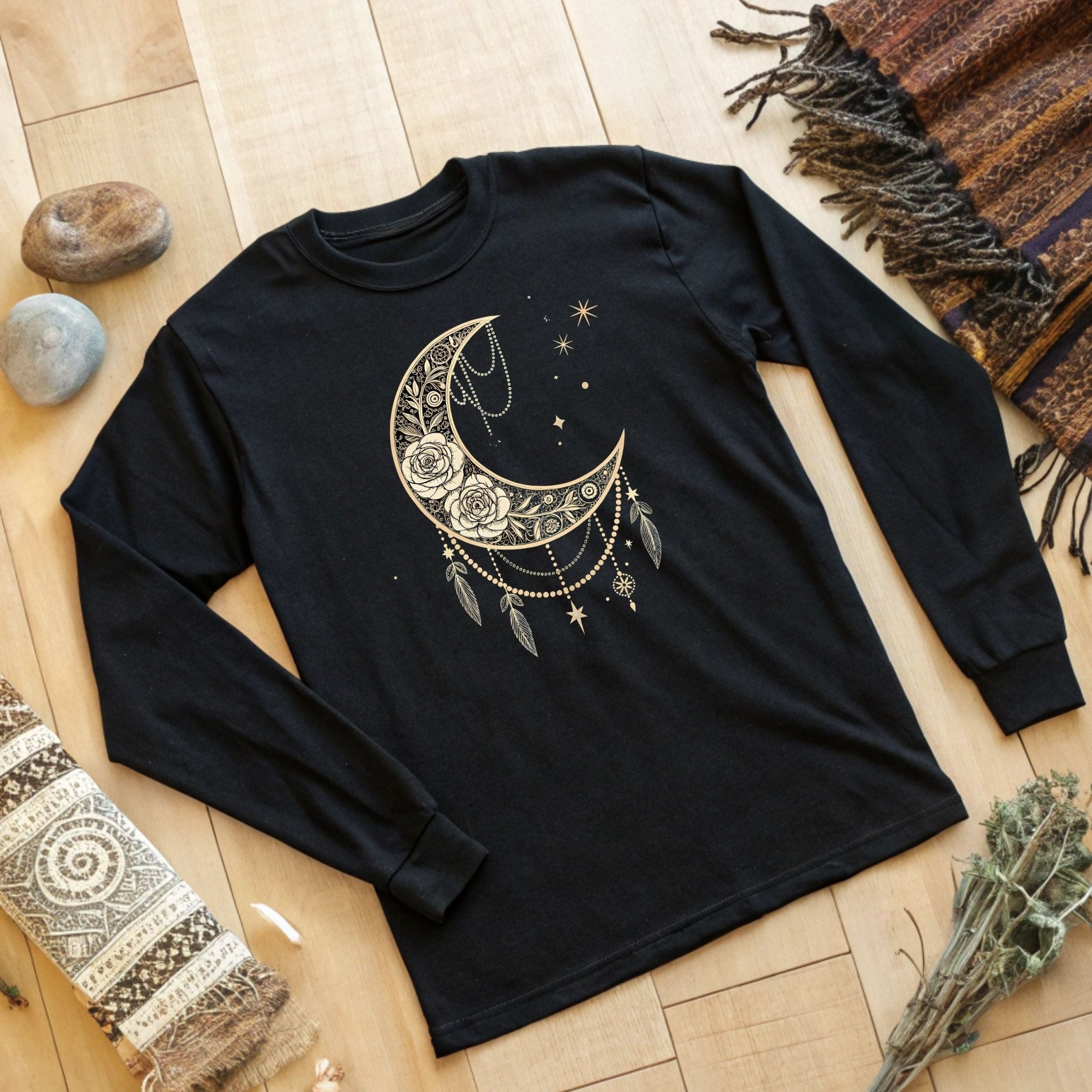 Celestial Moon & Roses Long Sleeve T-Shirt – Boho Chic Elegance - Craig Michael Design
