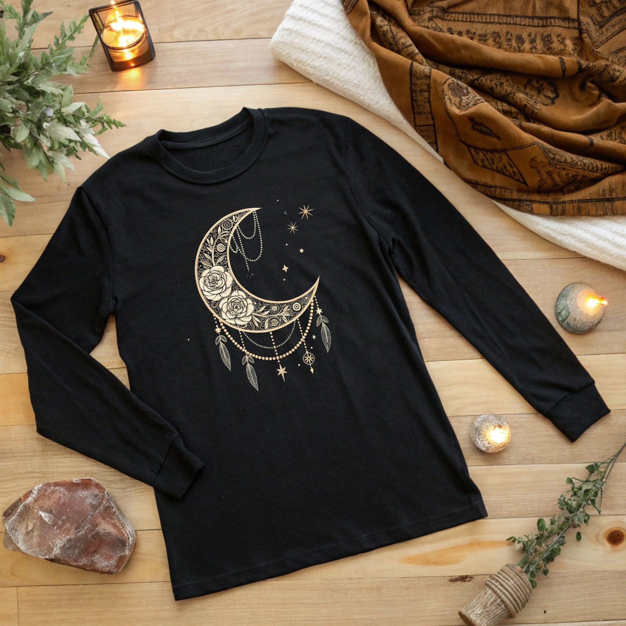Celestial Moon & Roses Long Sleeve T-Shirt – Boho Chic Elegance - Craig Michael Design