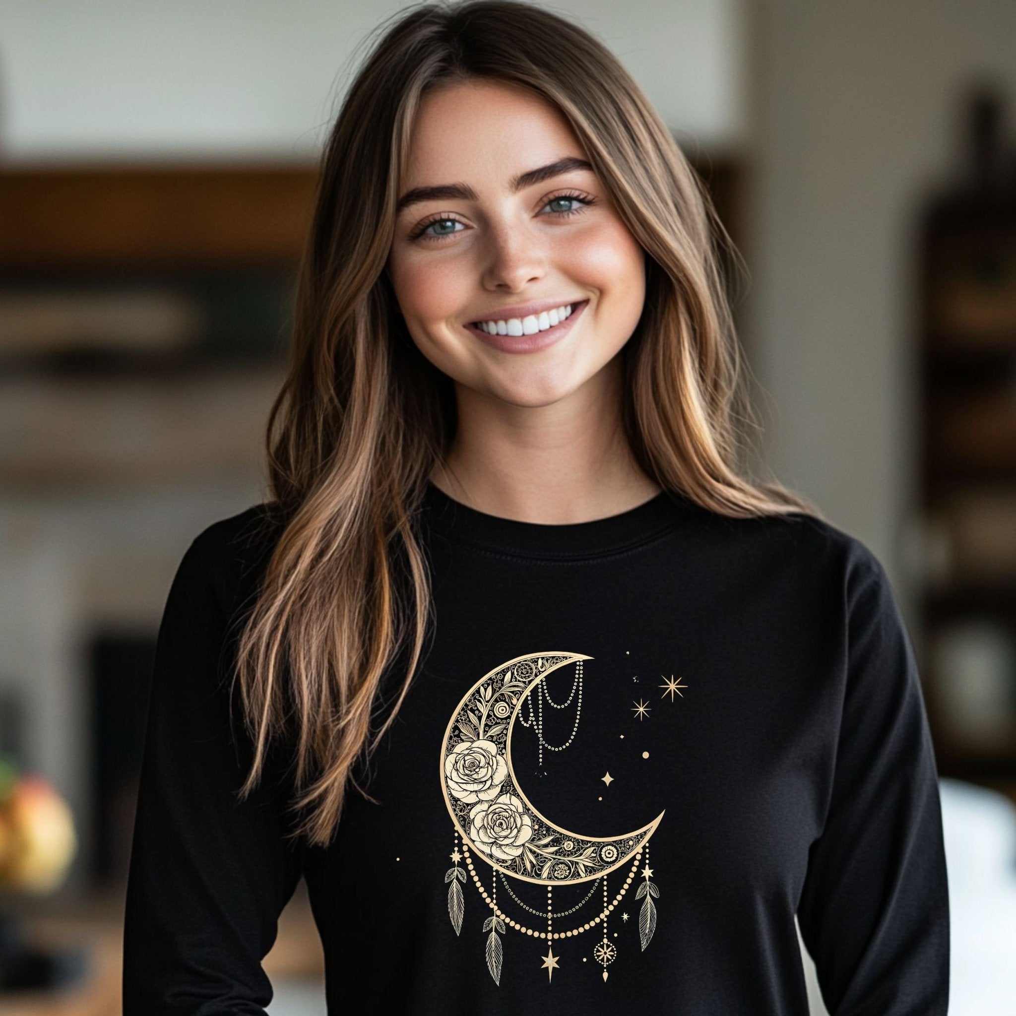 Celestial Moon & Roses Long Sleeve T-Shirt – Boho Chic Elegance - Craig Michael Design