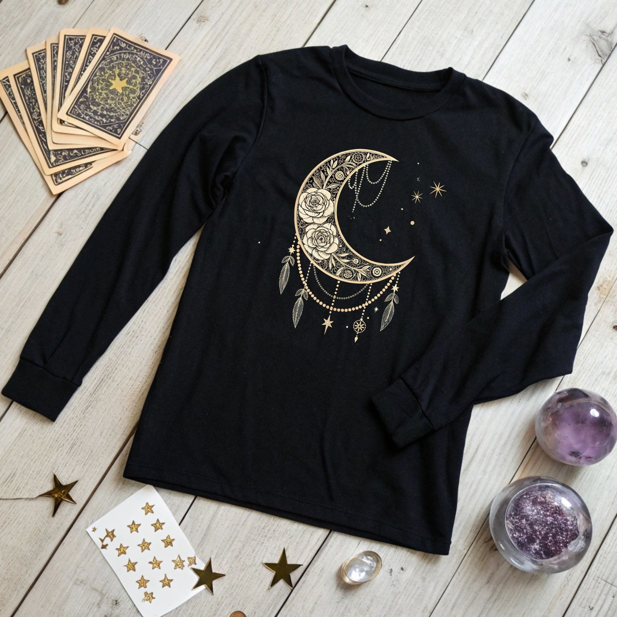 Celestial Moon & Roses Long Sleeve T-Shirt – Boho Chic Elegance - Craig Michael Design