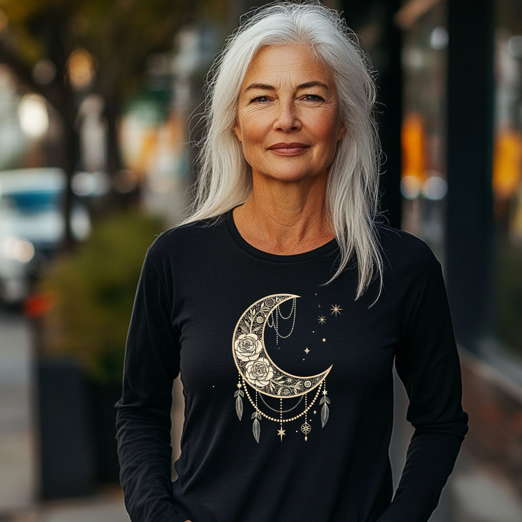 Celestial Moon & Roses Long Sleeve T-Shirt – Boho Chic Elegance - Craig Michael Design