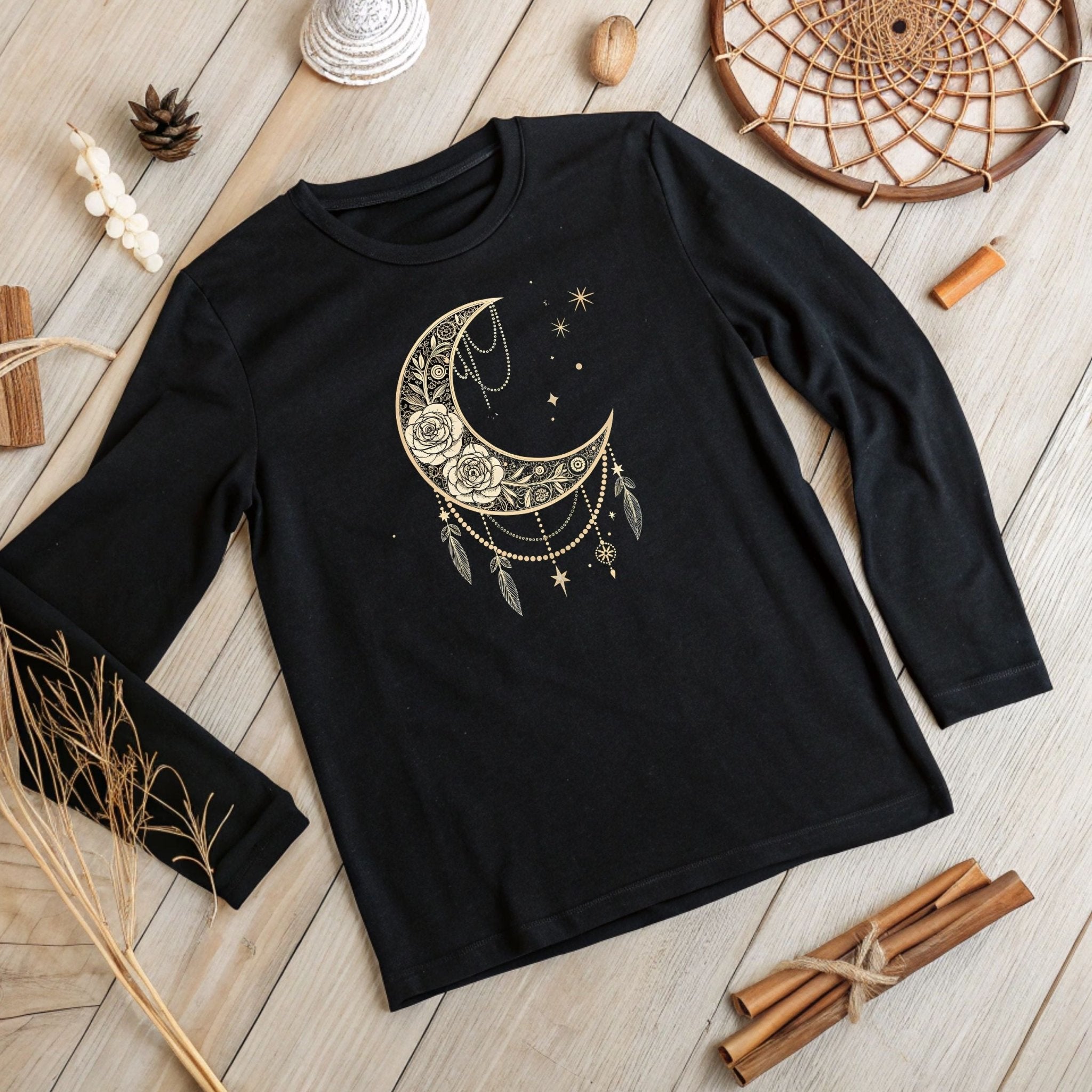 Celestial Moon & Roses Long Sleeve T-Shirt – Boho Chic Elegance - Craig Michael Design