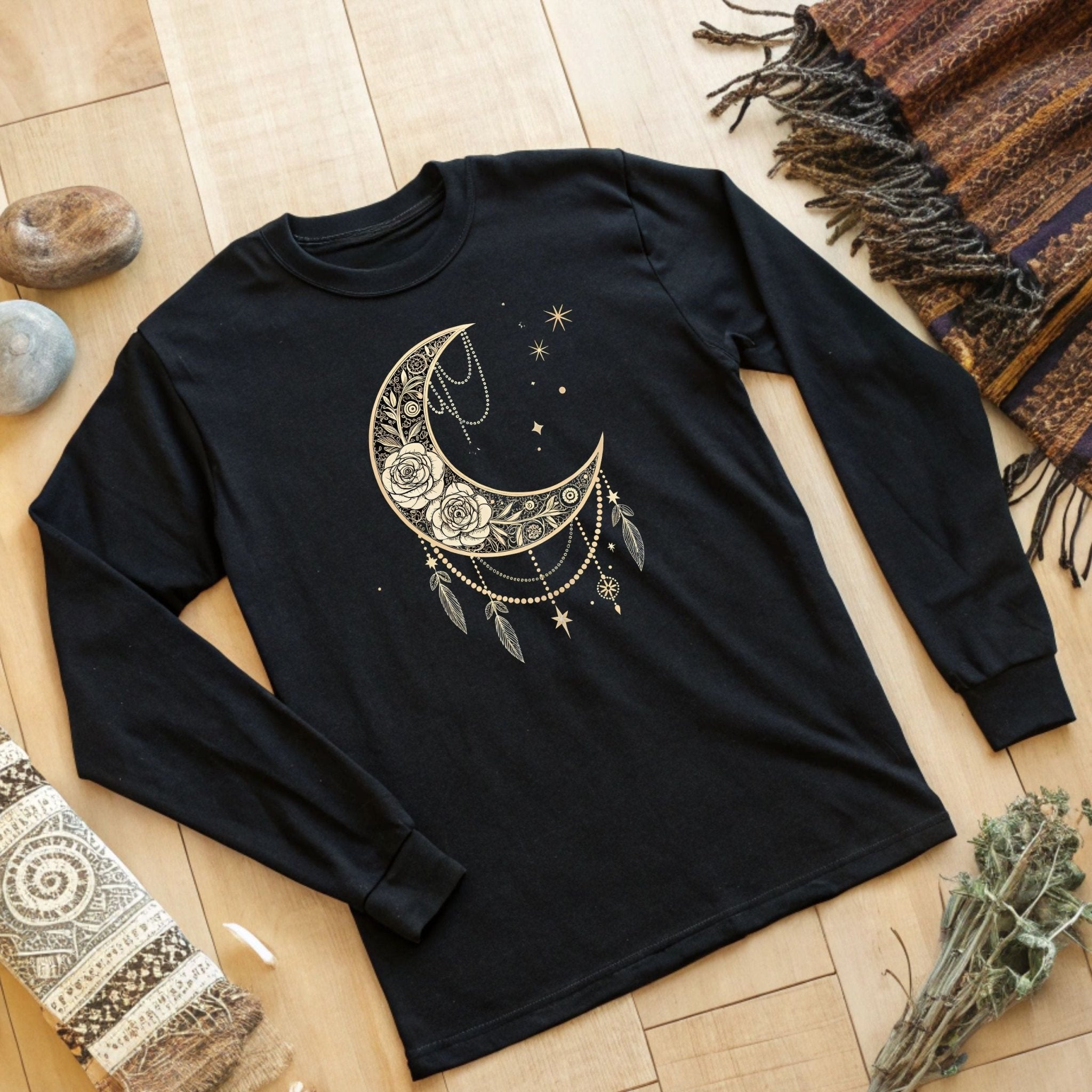 Celestial Moon & Roses Long Sleeve T-Shirt – Boho Chic Elegance - Craig Michael Design