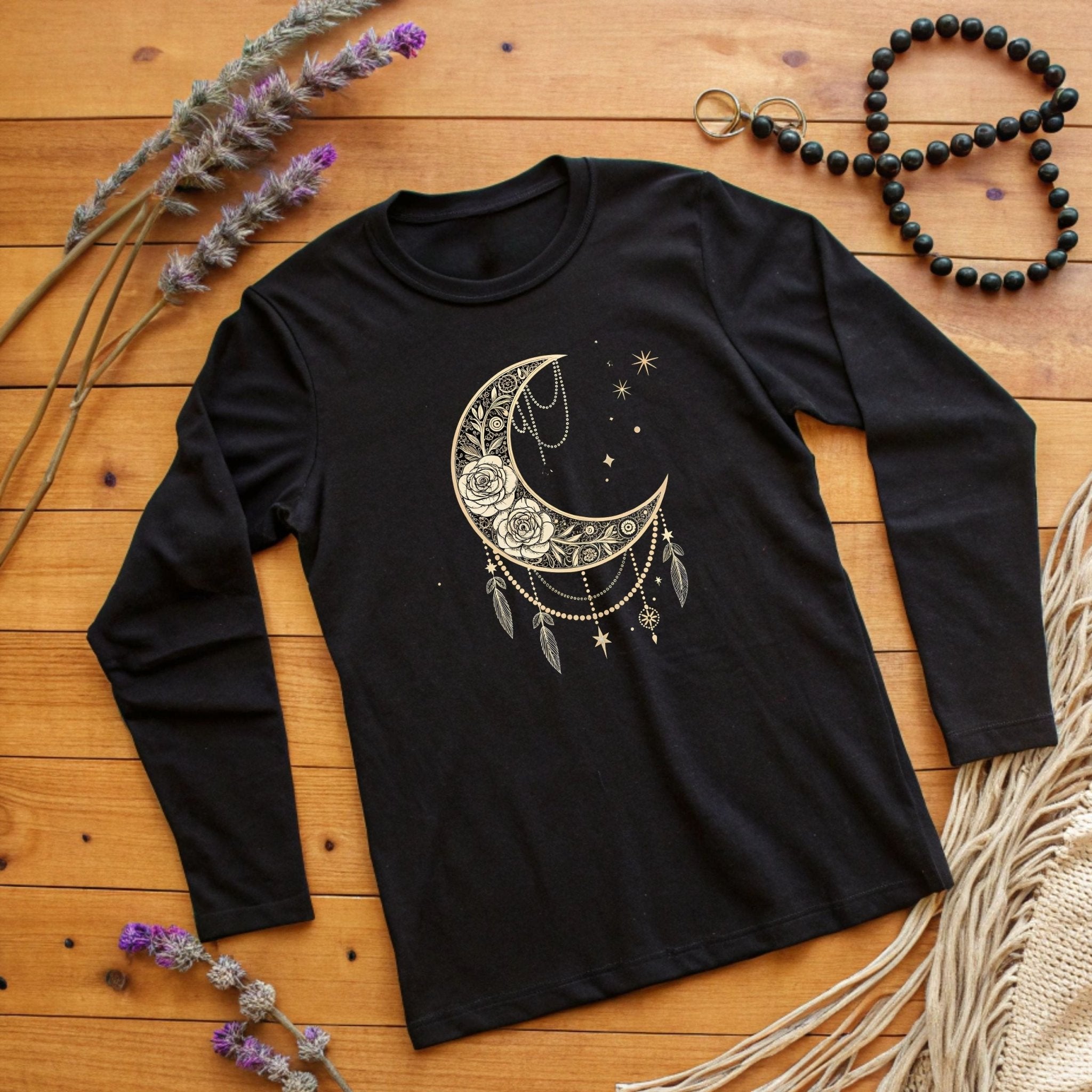 Celestial Moon & Roses Long Sleeve T-Shirt – Boho Chic Elegance - Craig Michael Design