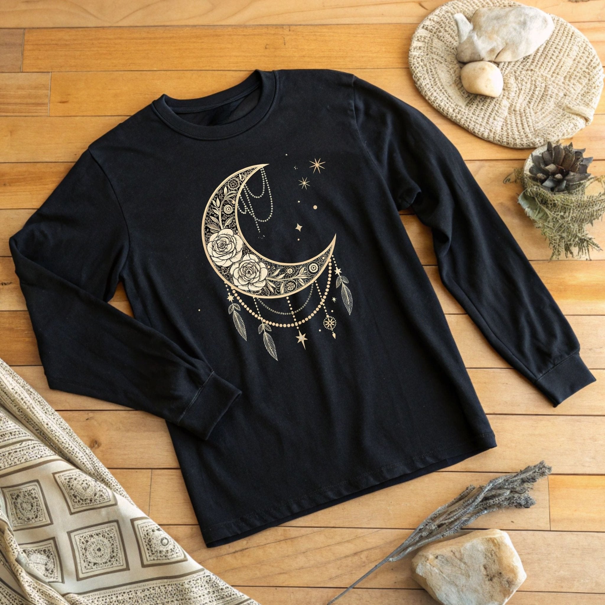 Celestial Moon & Roses Long Sleeve T-Shirt – Boho Chic Elegance - Craig Michael Design